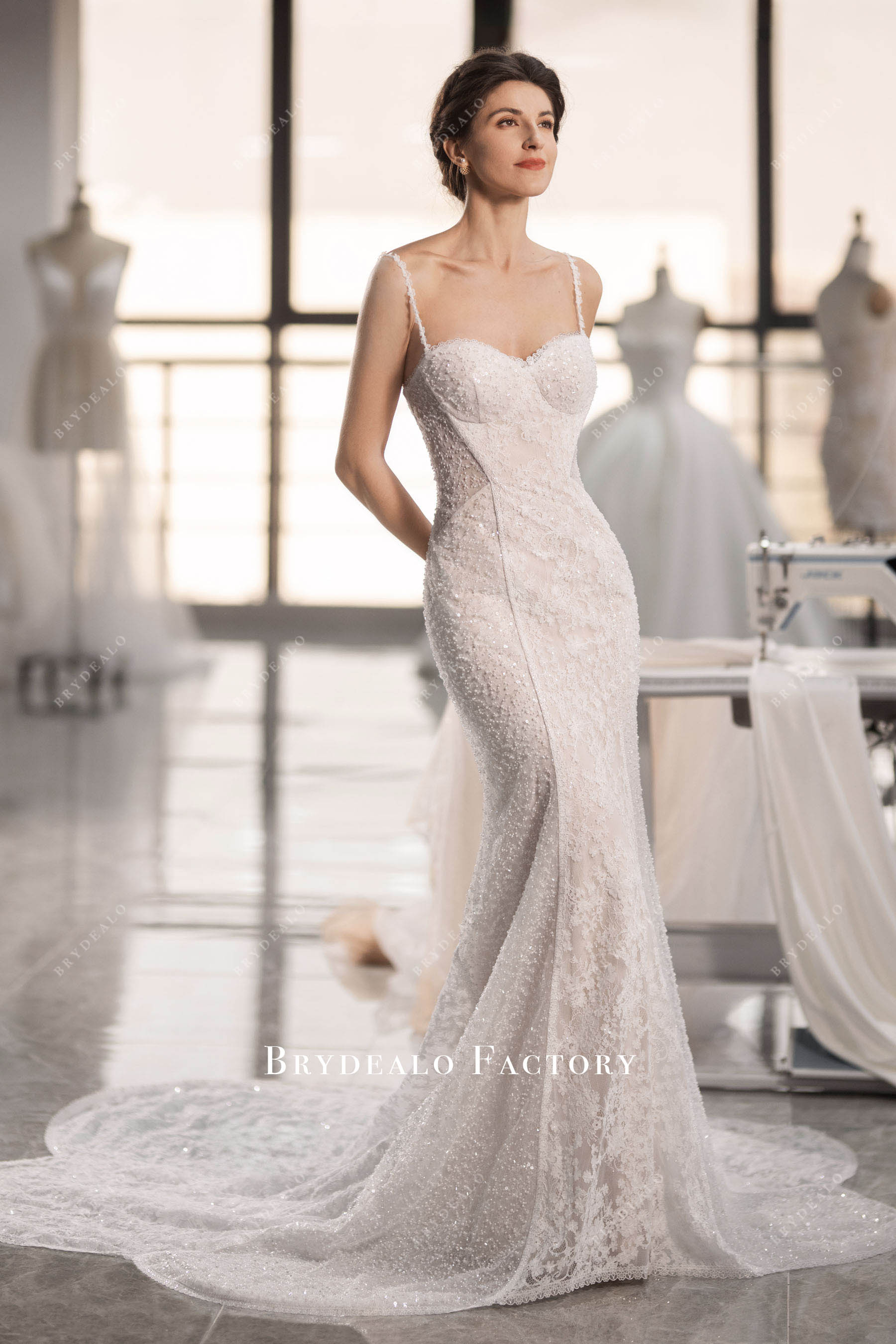 shimmery spaghetti straps sweetheart neck cutout train wedding dress