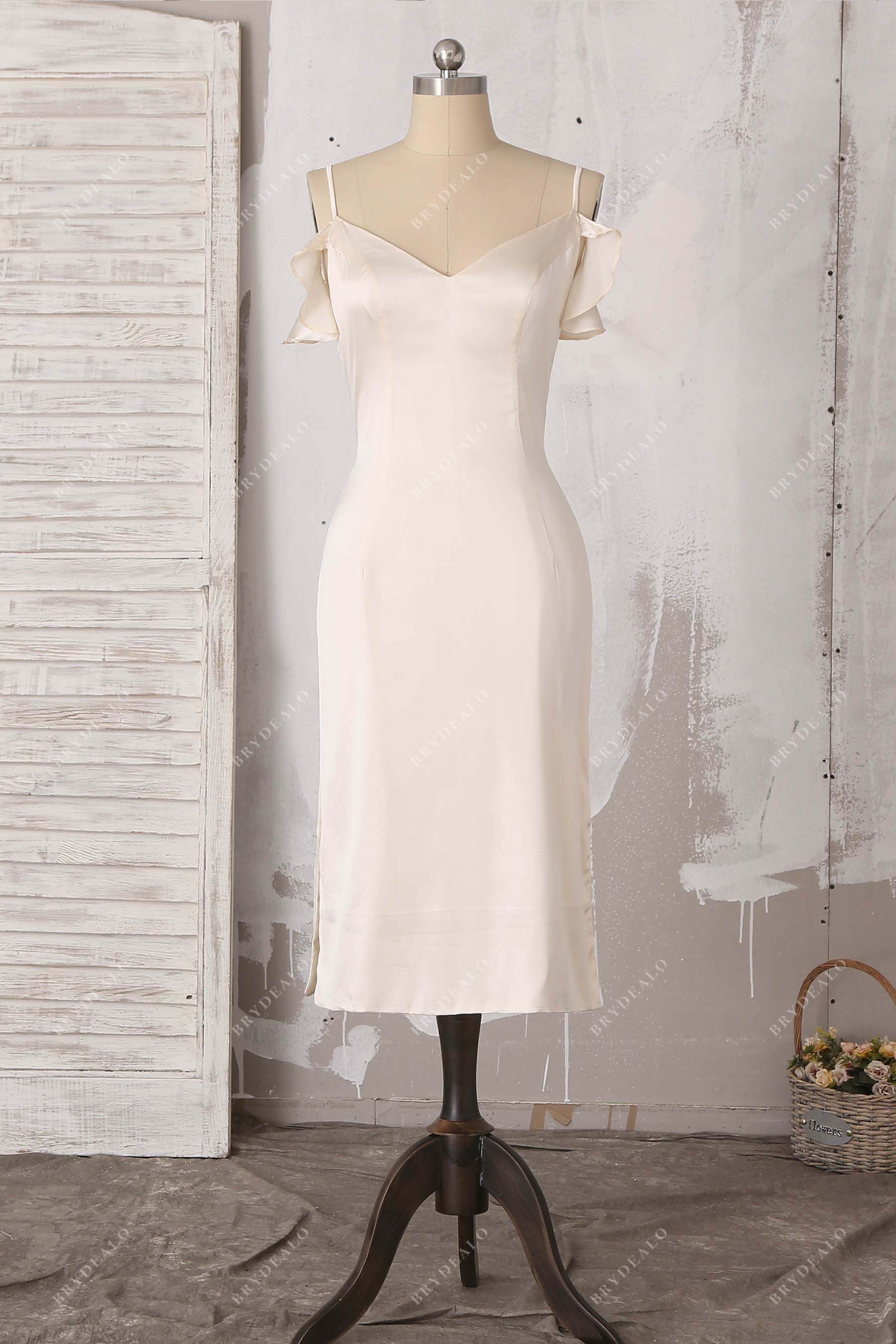 champagne thin strap silk slit bridal dress