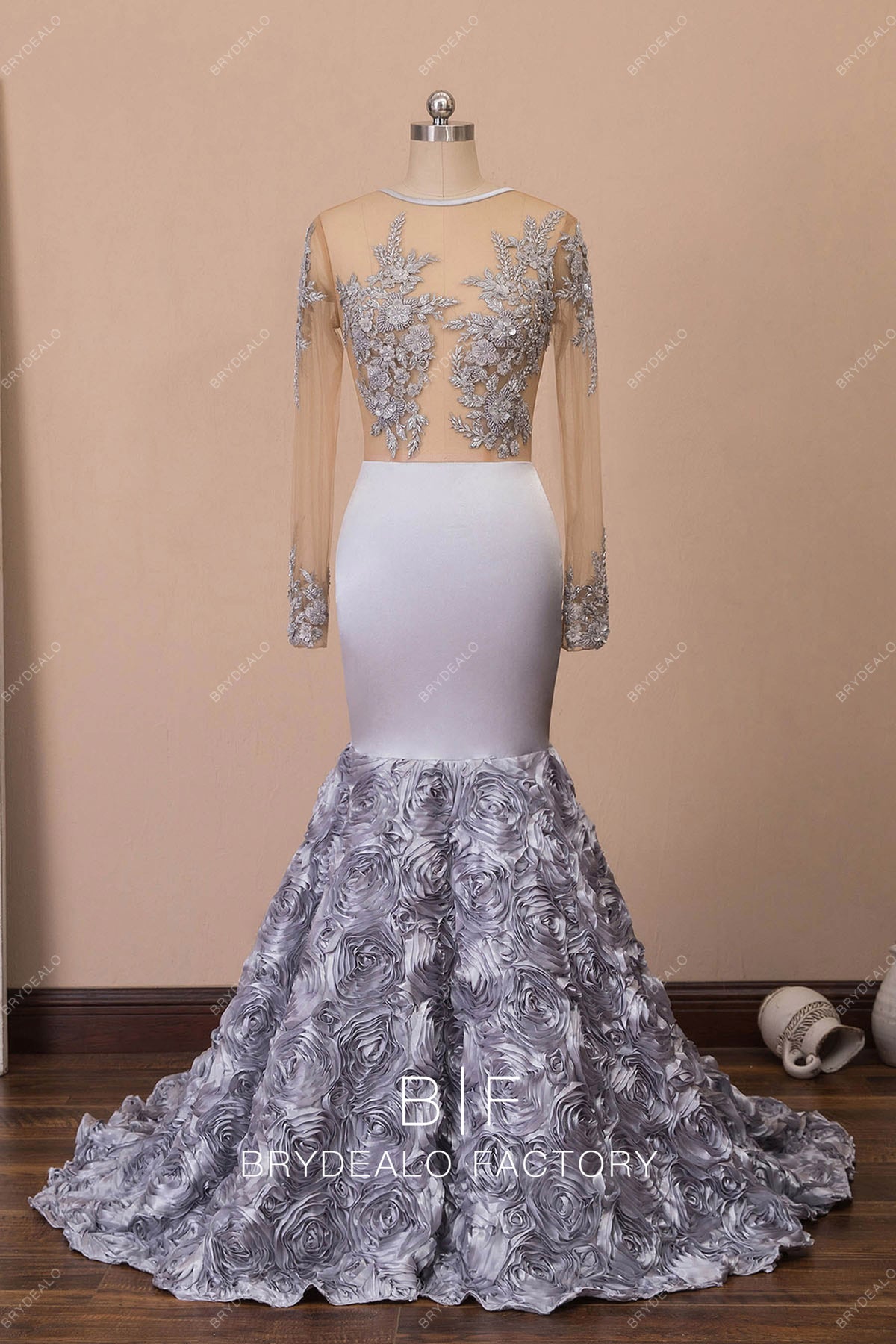 Silver Beaded Sleeve 3D Flower Mermaid Prom Dress