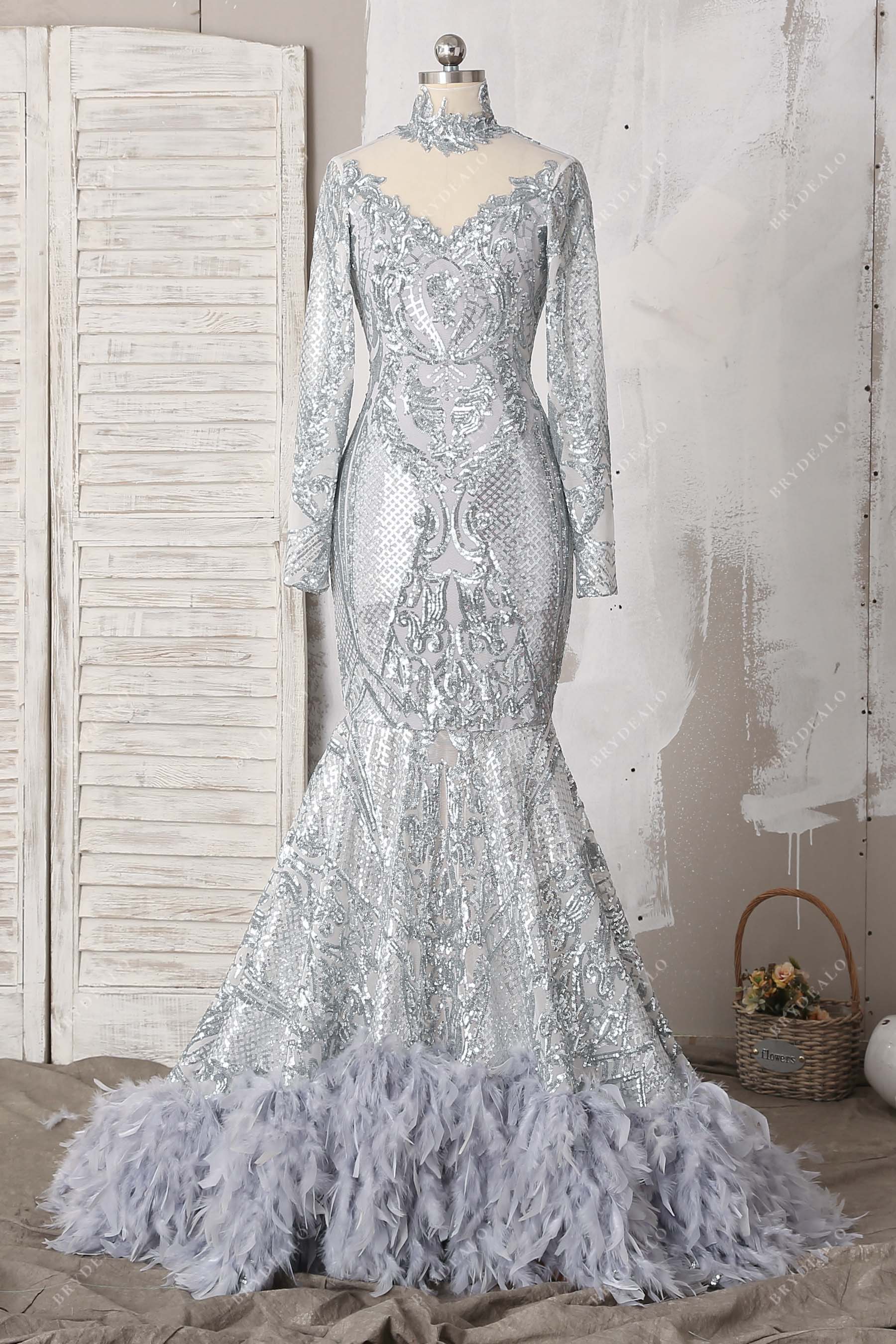 shimmery sequin feathers mermaid prom dress