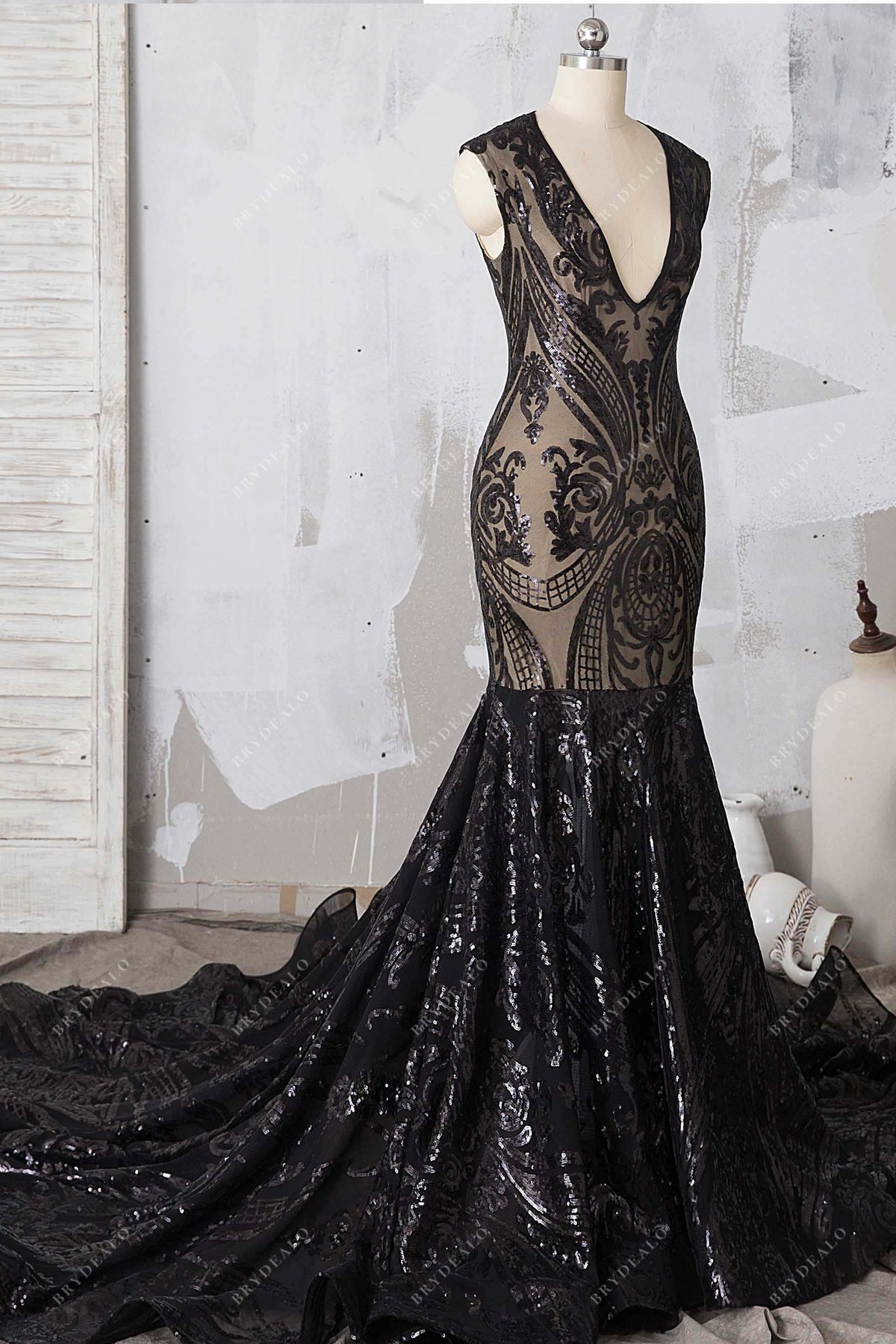 Black Unique Sequin Mermaid Dramatic Long Train Prom Dress – Brydealo