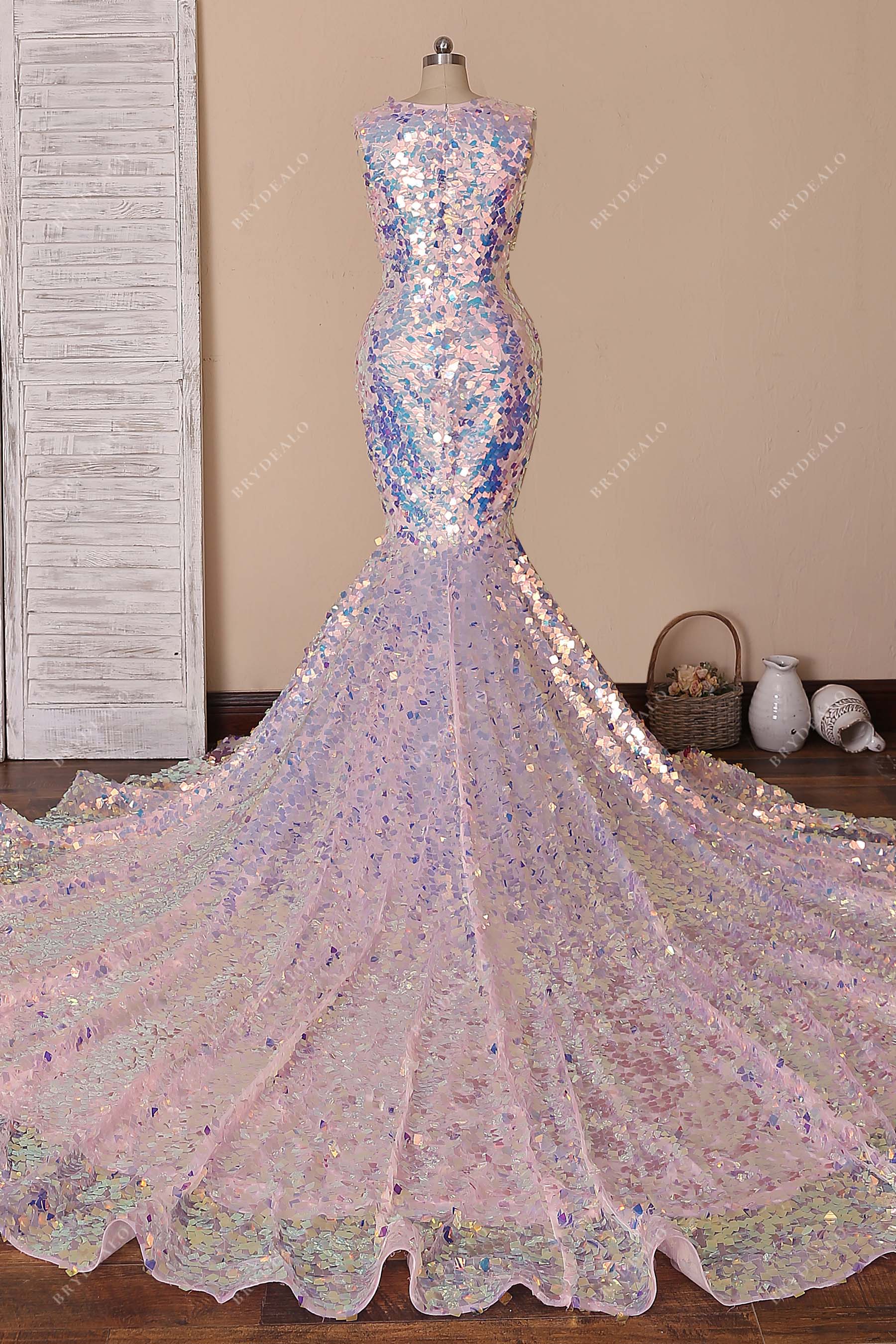 sleeveless sequin long train trumpet prom dress