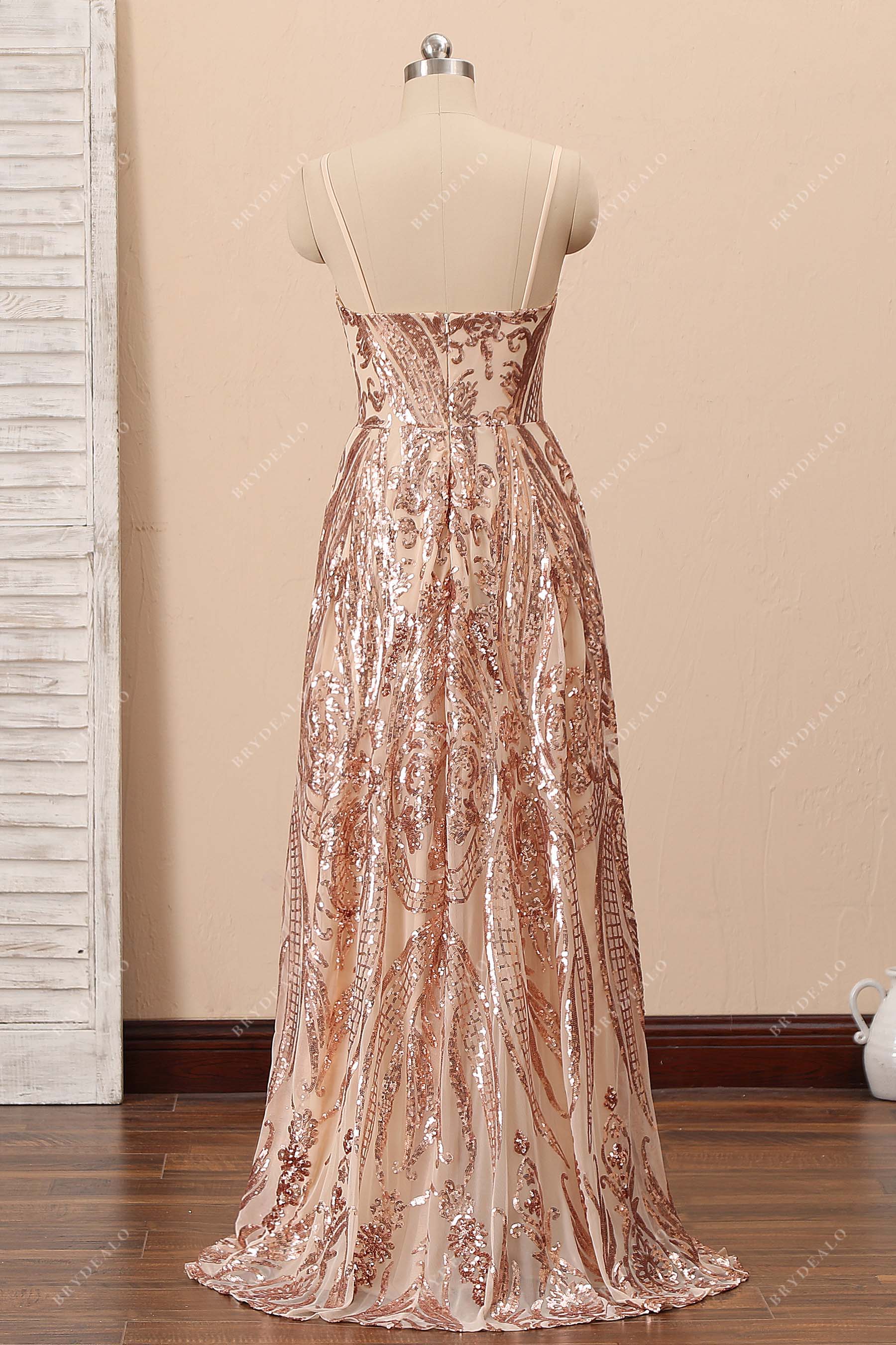 thin straps sequin A-line prom dress