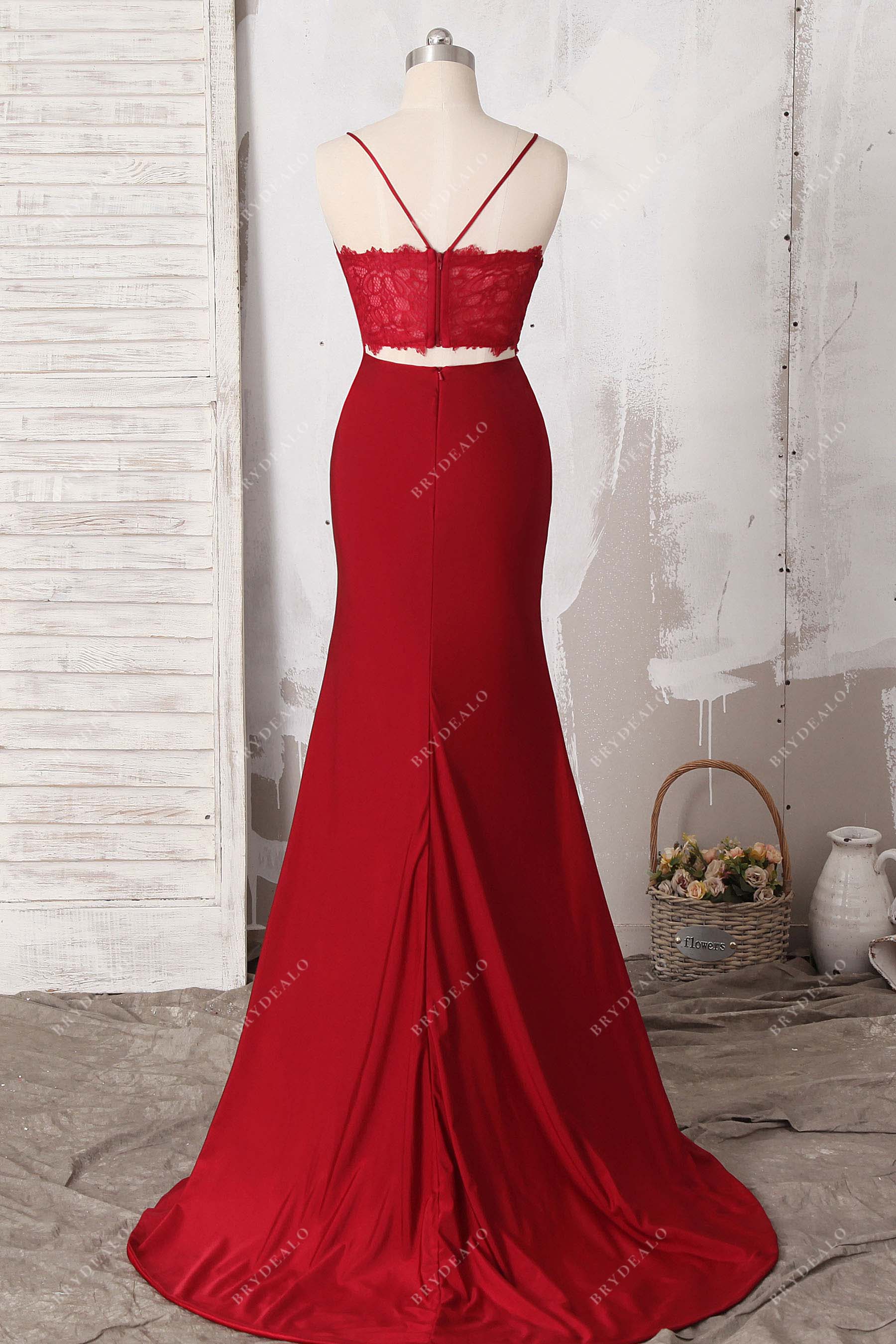 thin straps lace corset trumpet formal dress