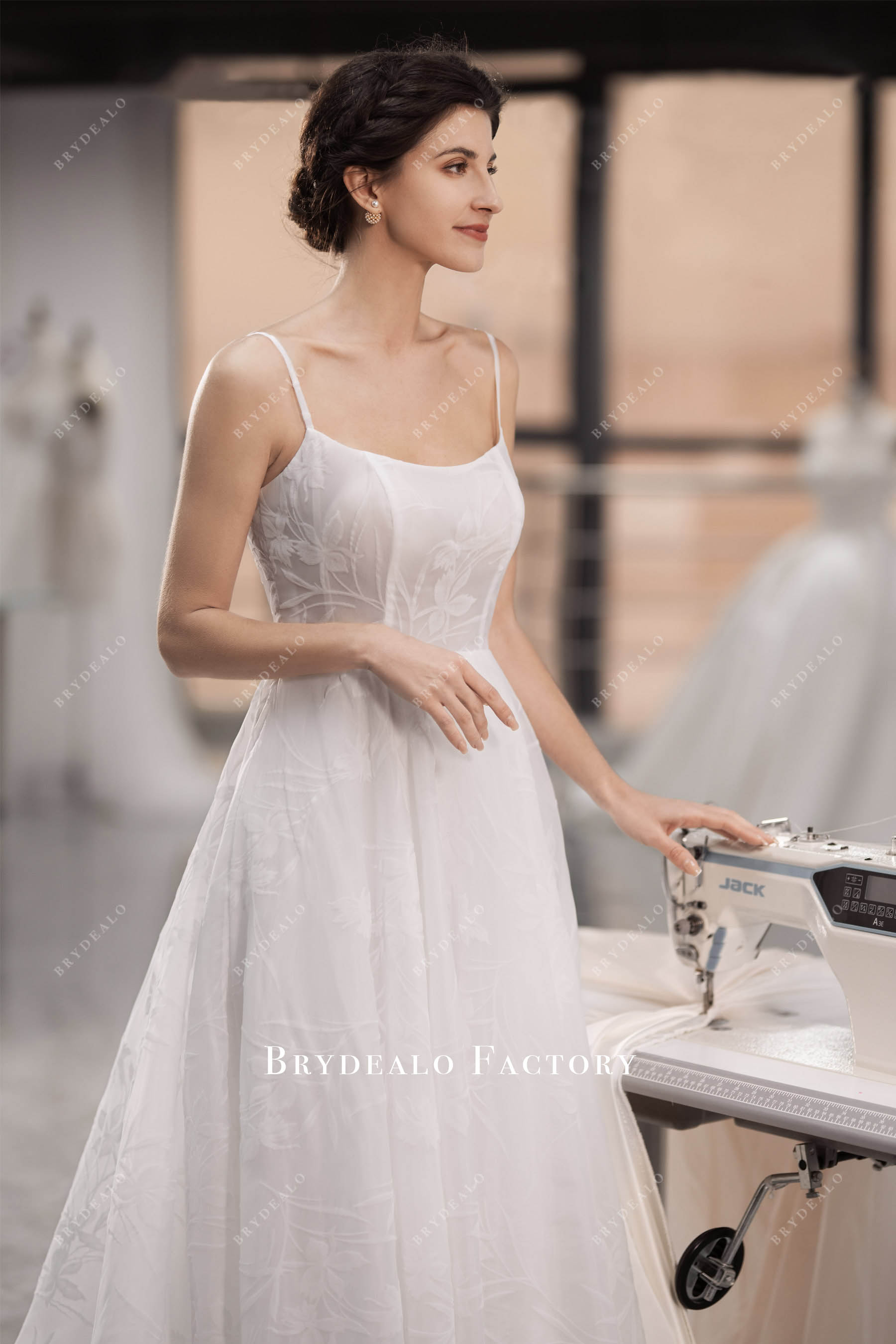 spaghetti straps scoop neck A-line wedding dress