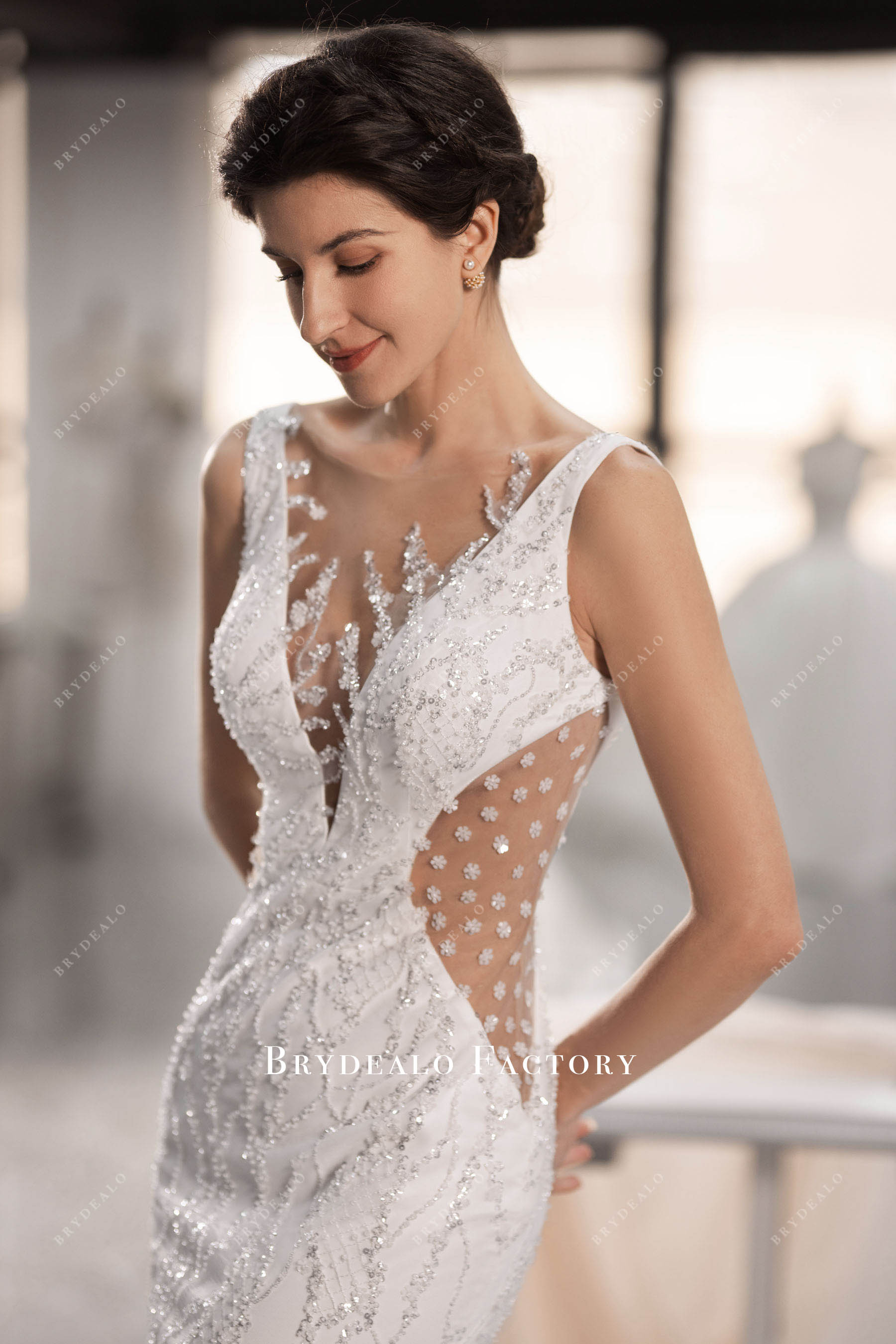 sparkly sequined lace cutout wedding dress