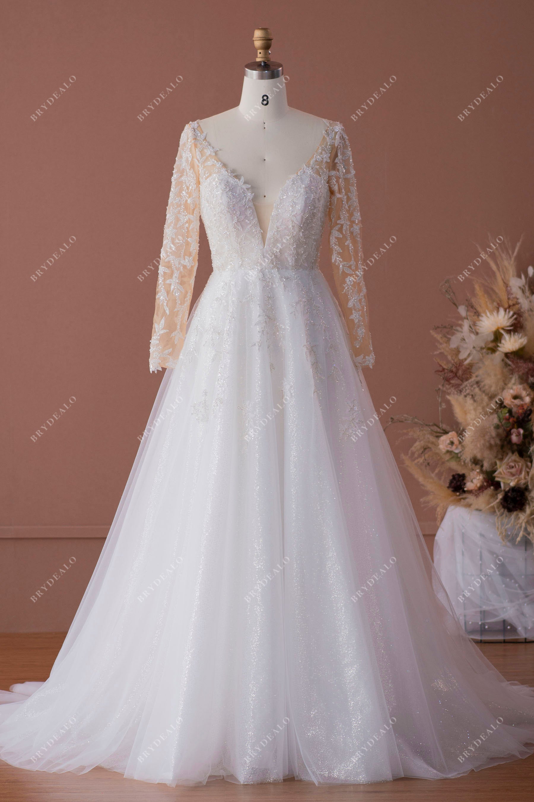 shimmery v-neck long sleeve wedding dress