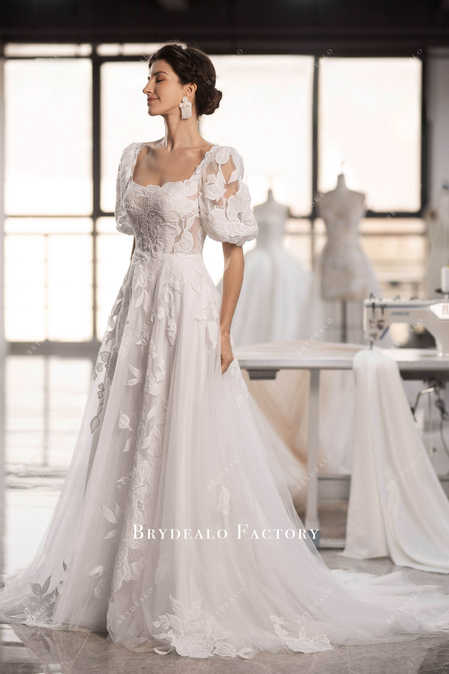 square neck Lace wedding gown