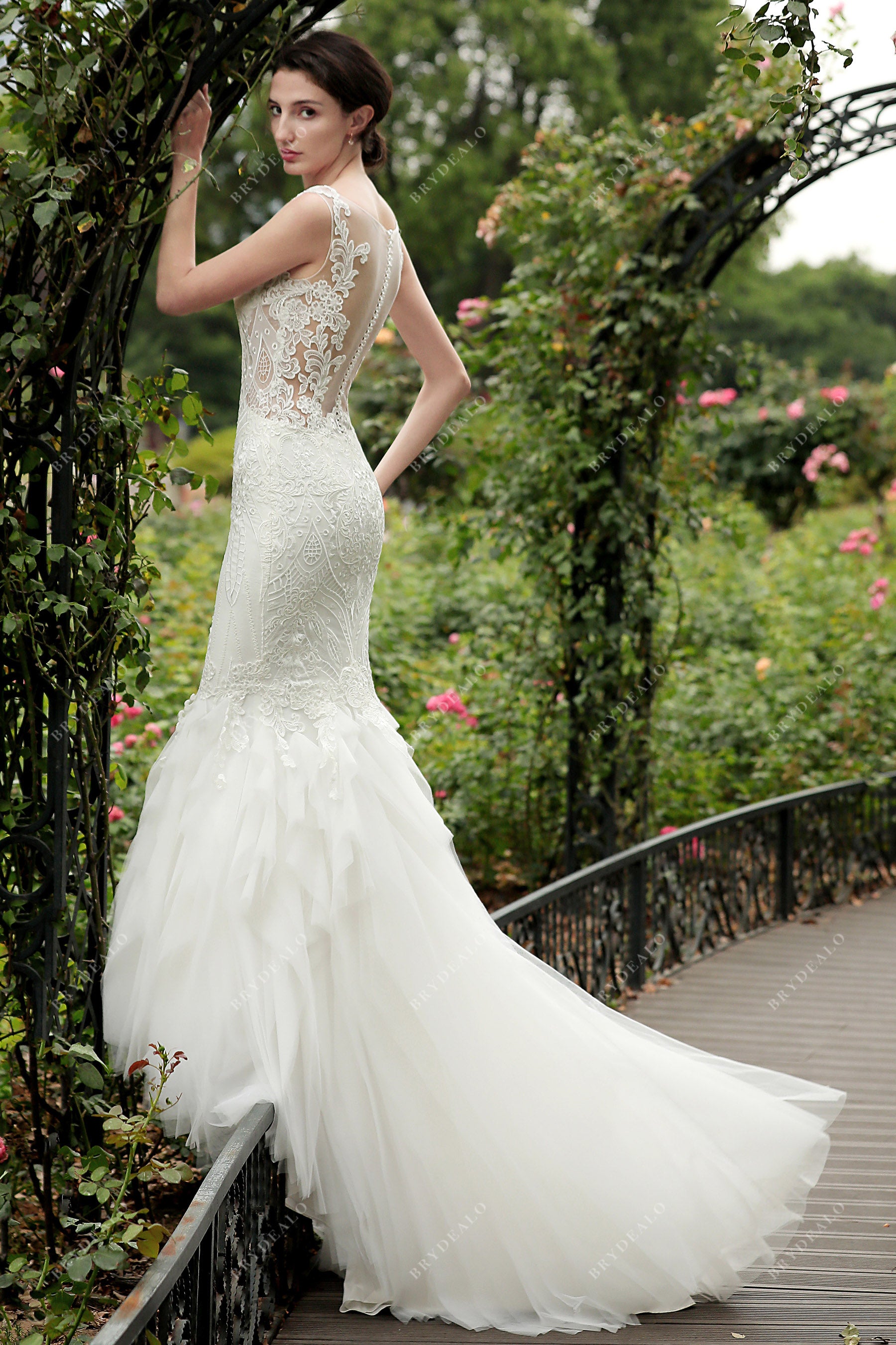 illusion back tulle flounced bridal dress