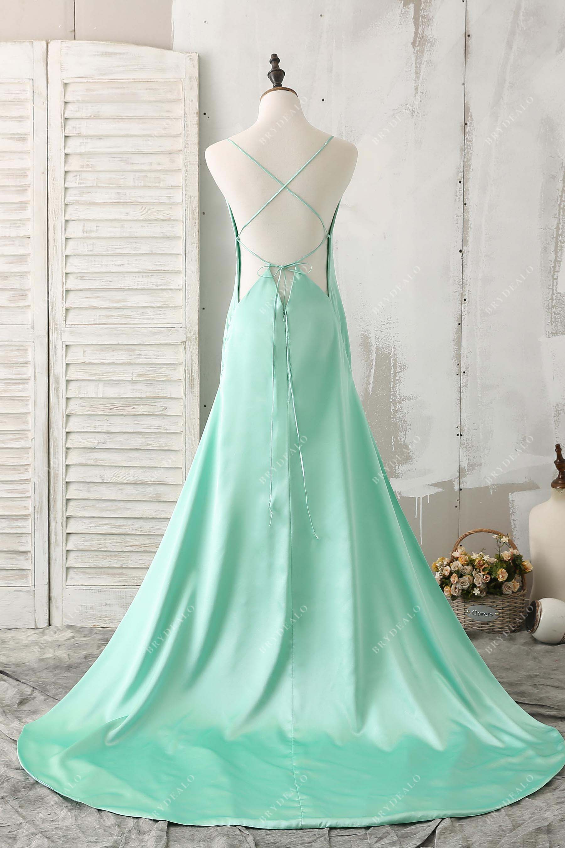 crisscross back satin prom dress