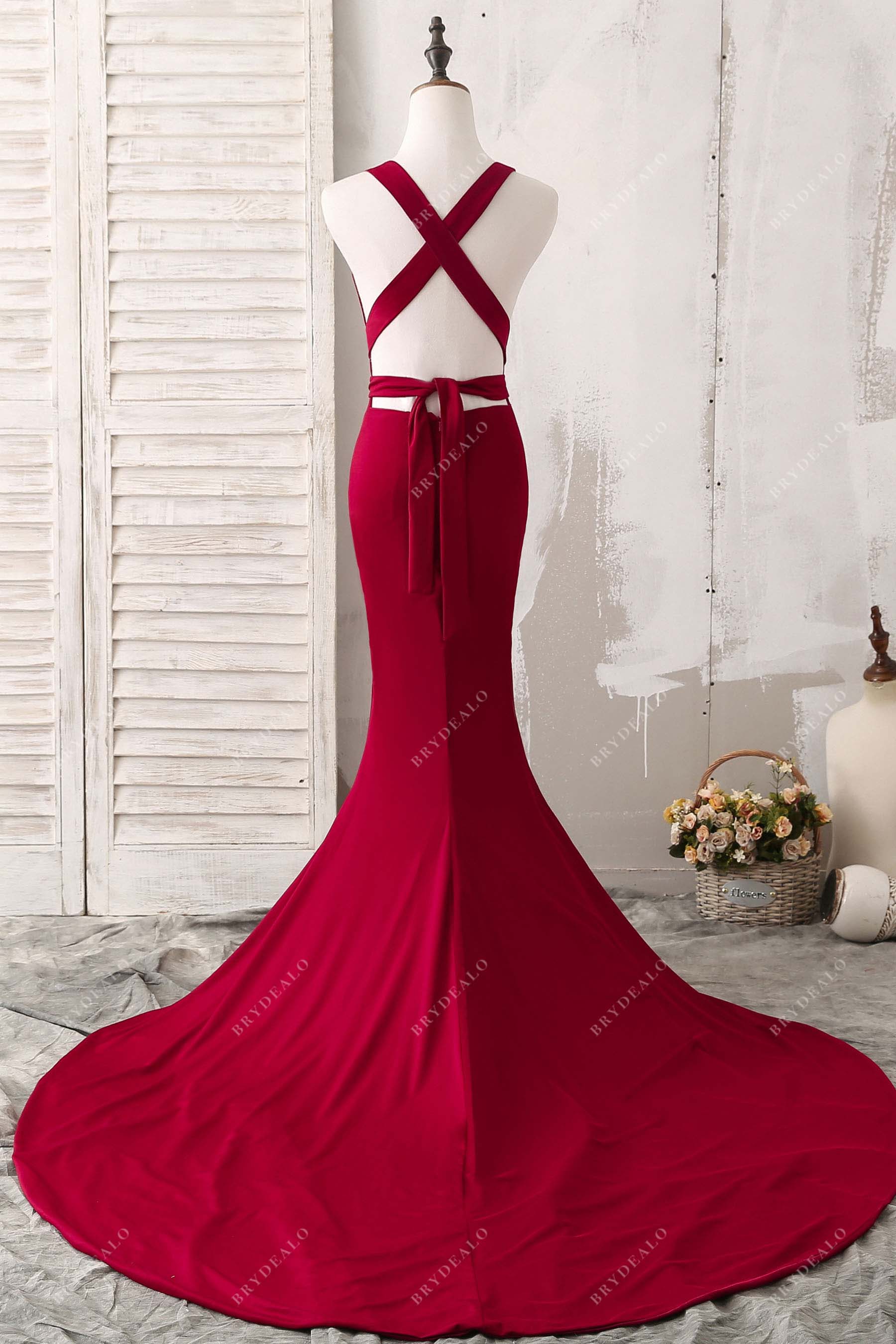 crisscross back trumpet prom dress