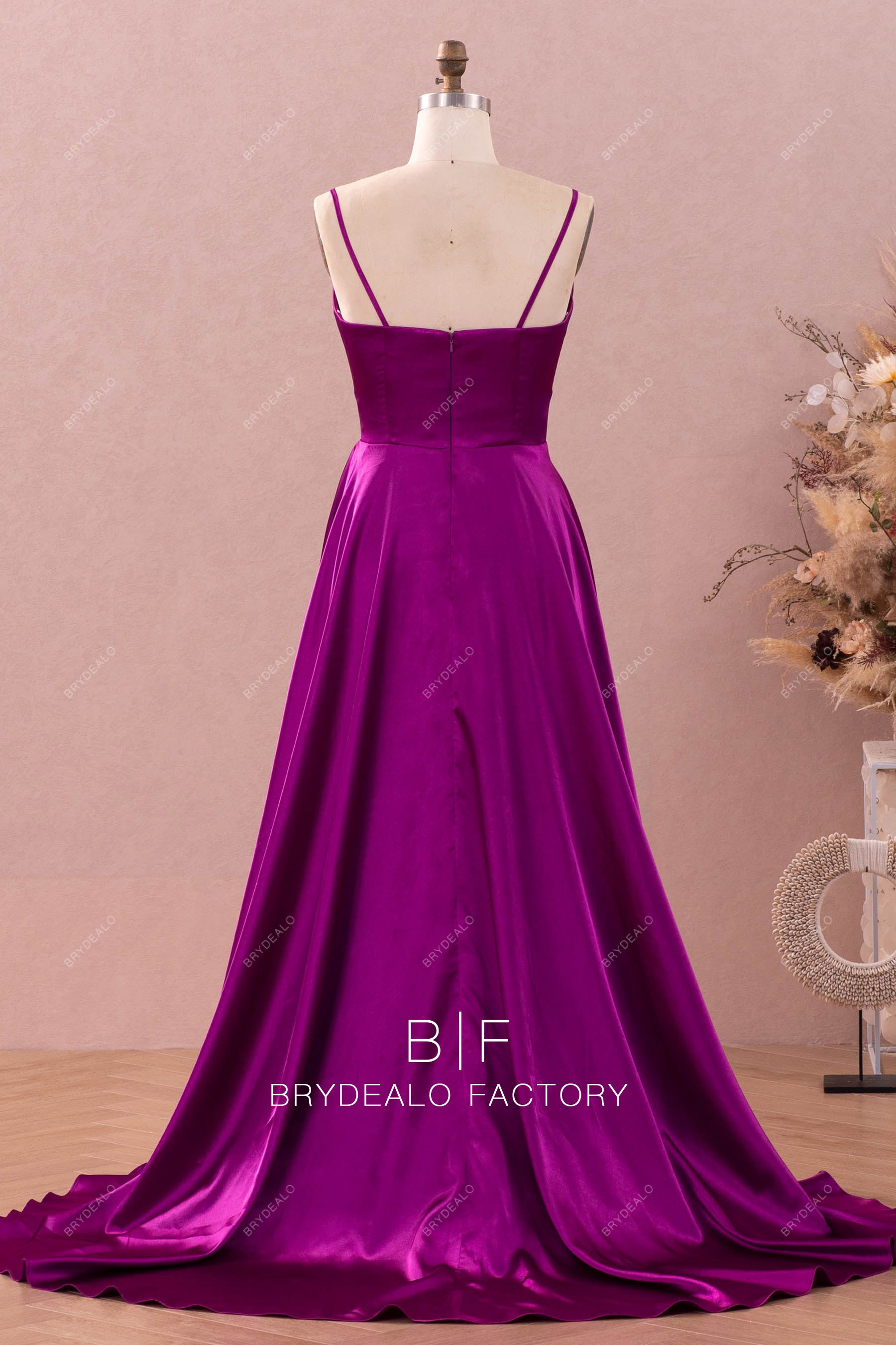 thin straps open back satin formal dress
