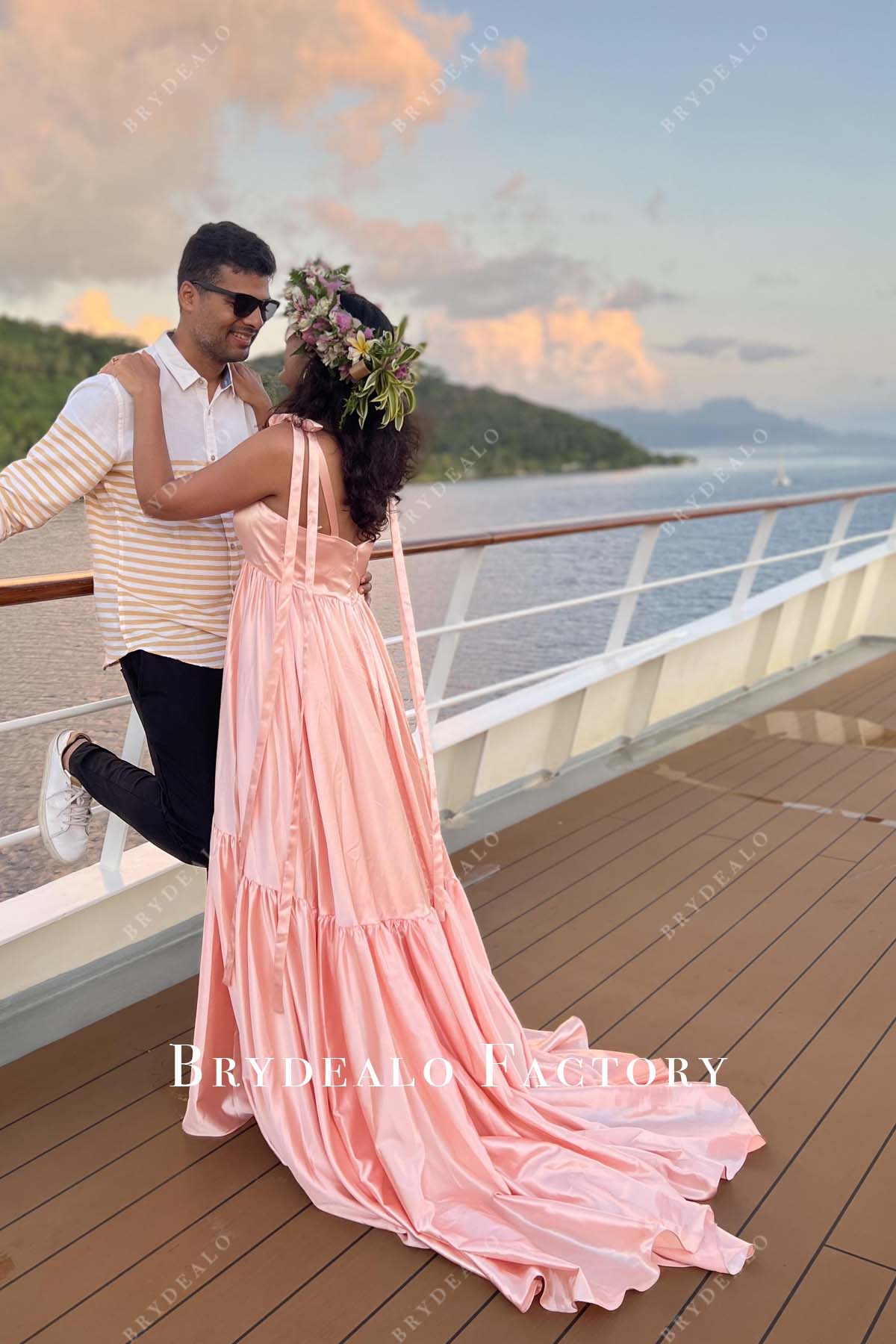 blushing pink long train prom dress
