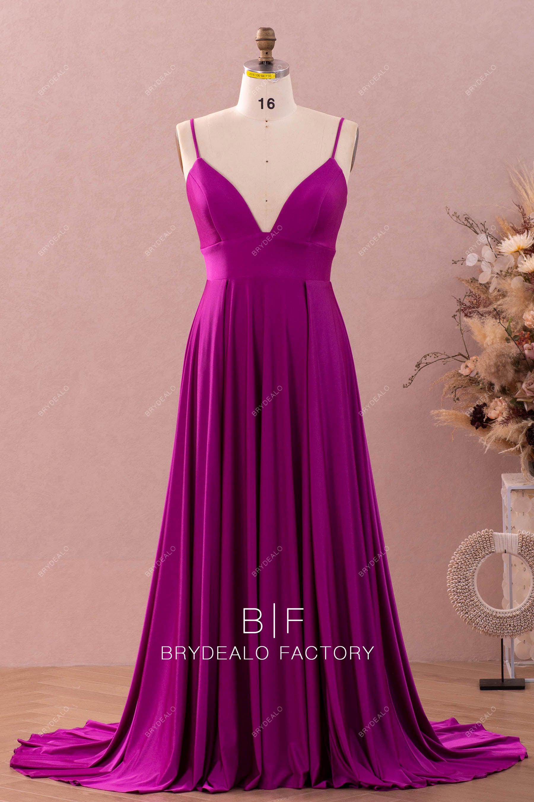 thin straps plunging neck A-line prom dress