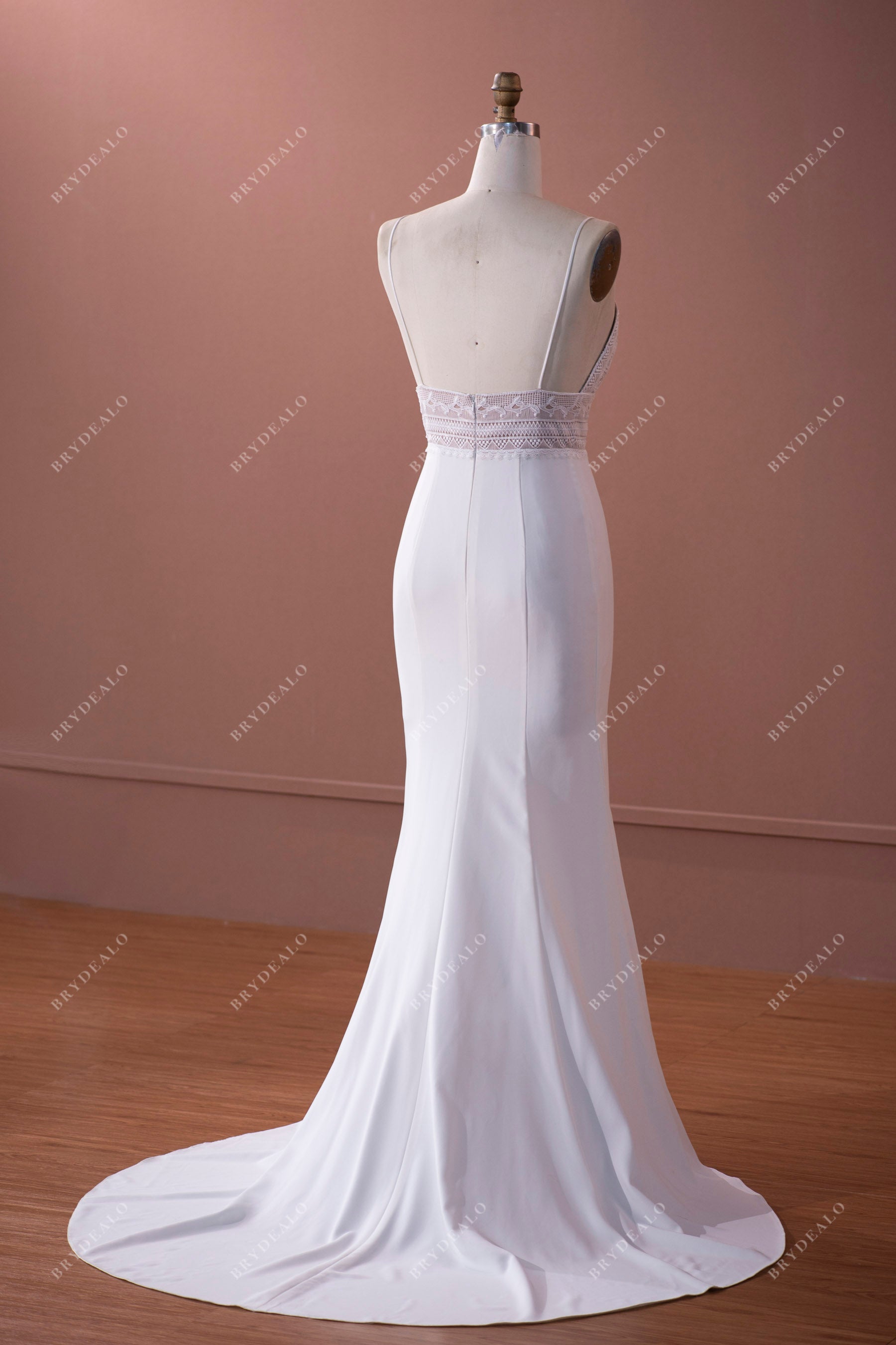 open back crepe sweep train mermaid bridal dress