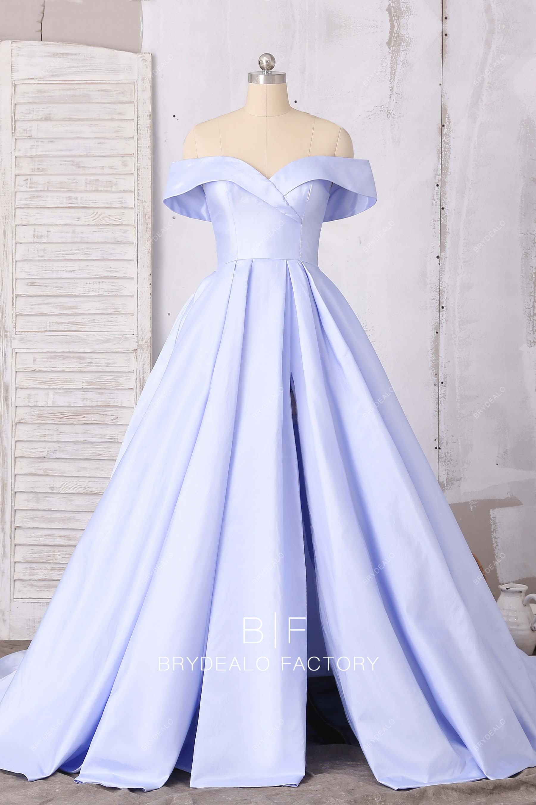 lavender off shoulder high slit satin prom dress