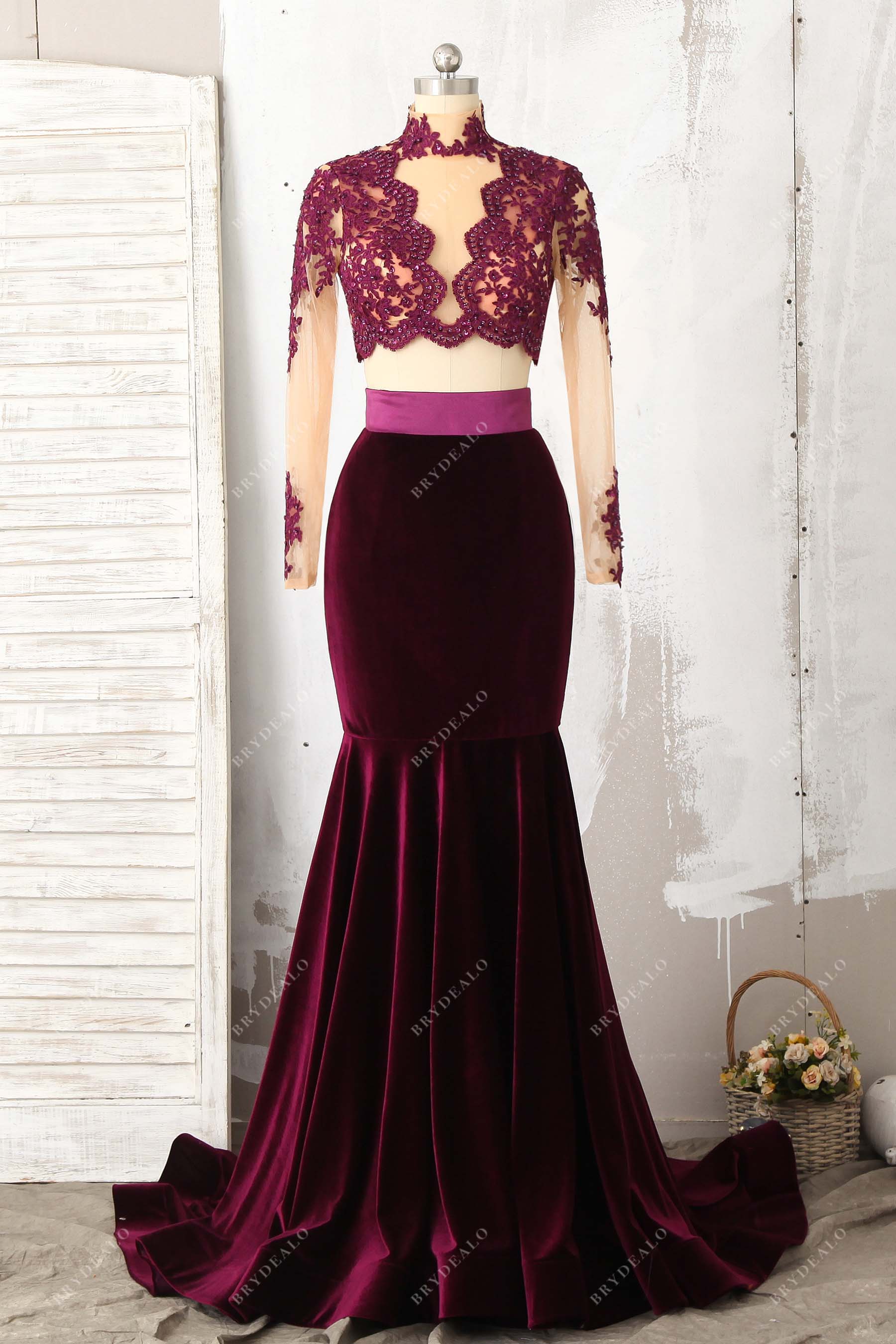 two piece plum beaded velvet mermaid prom dress