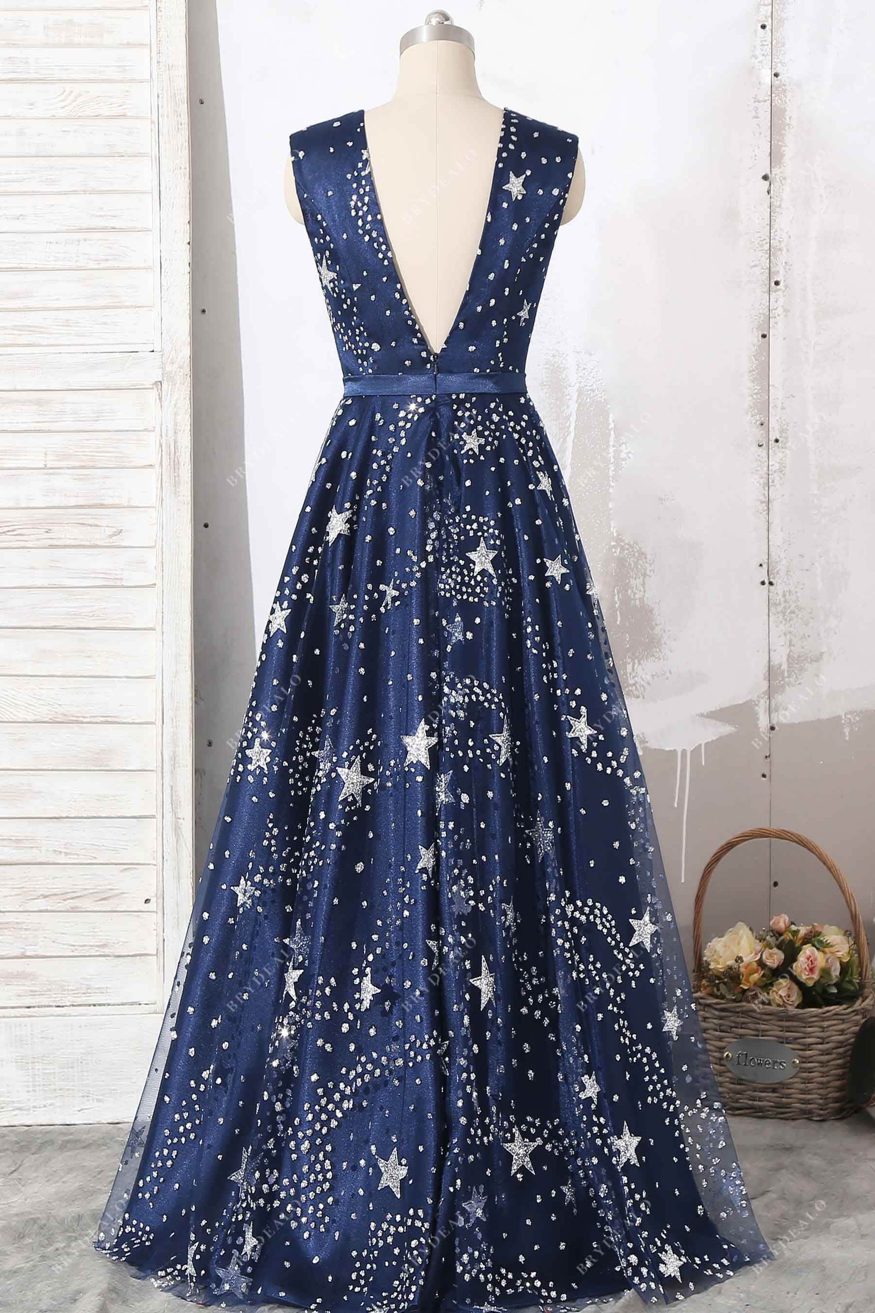 plunging back A-line navy tulle prom dress
