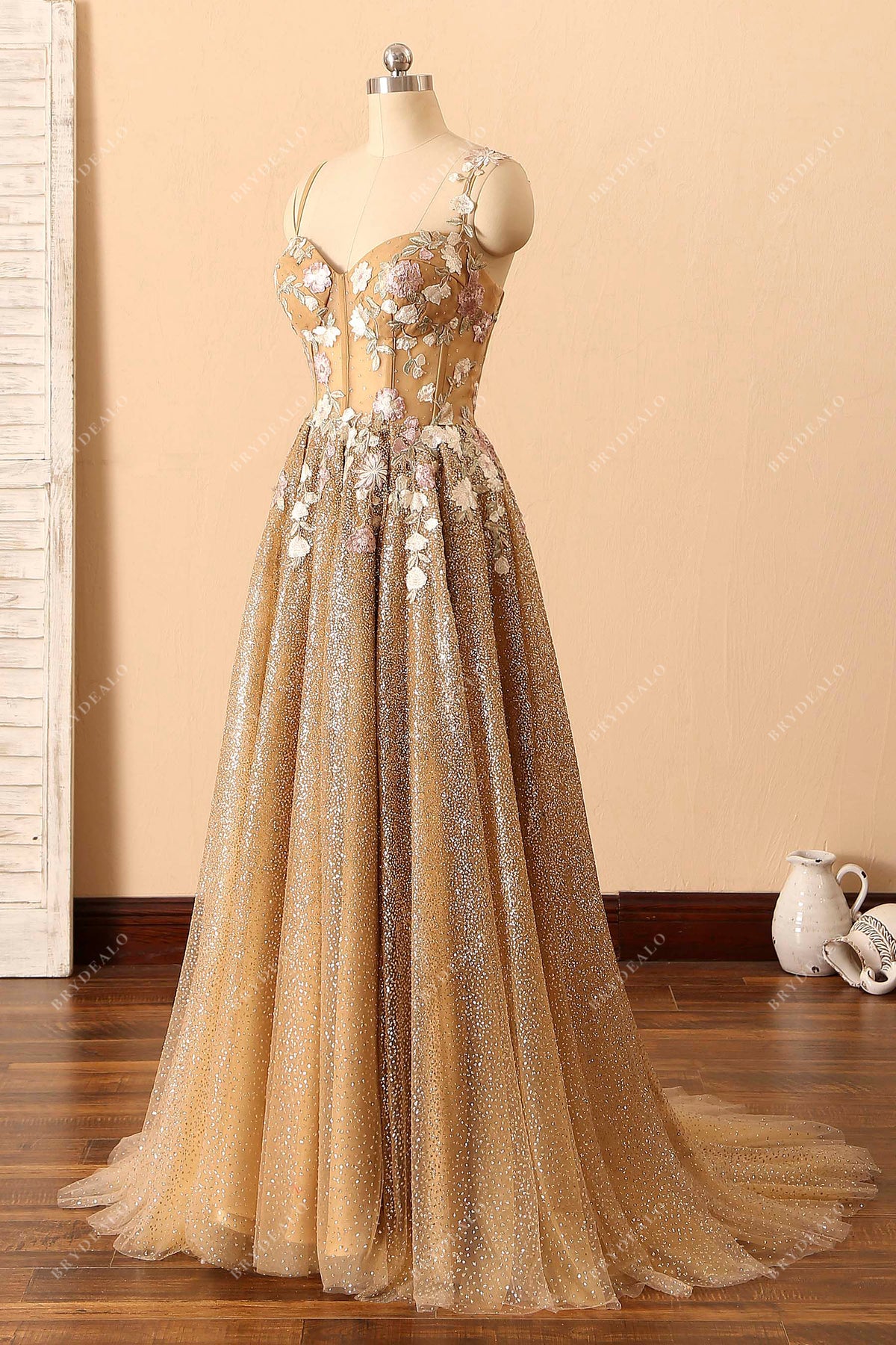 Gold Glitter Corset Embroidery Long Prom Dress