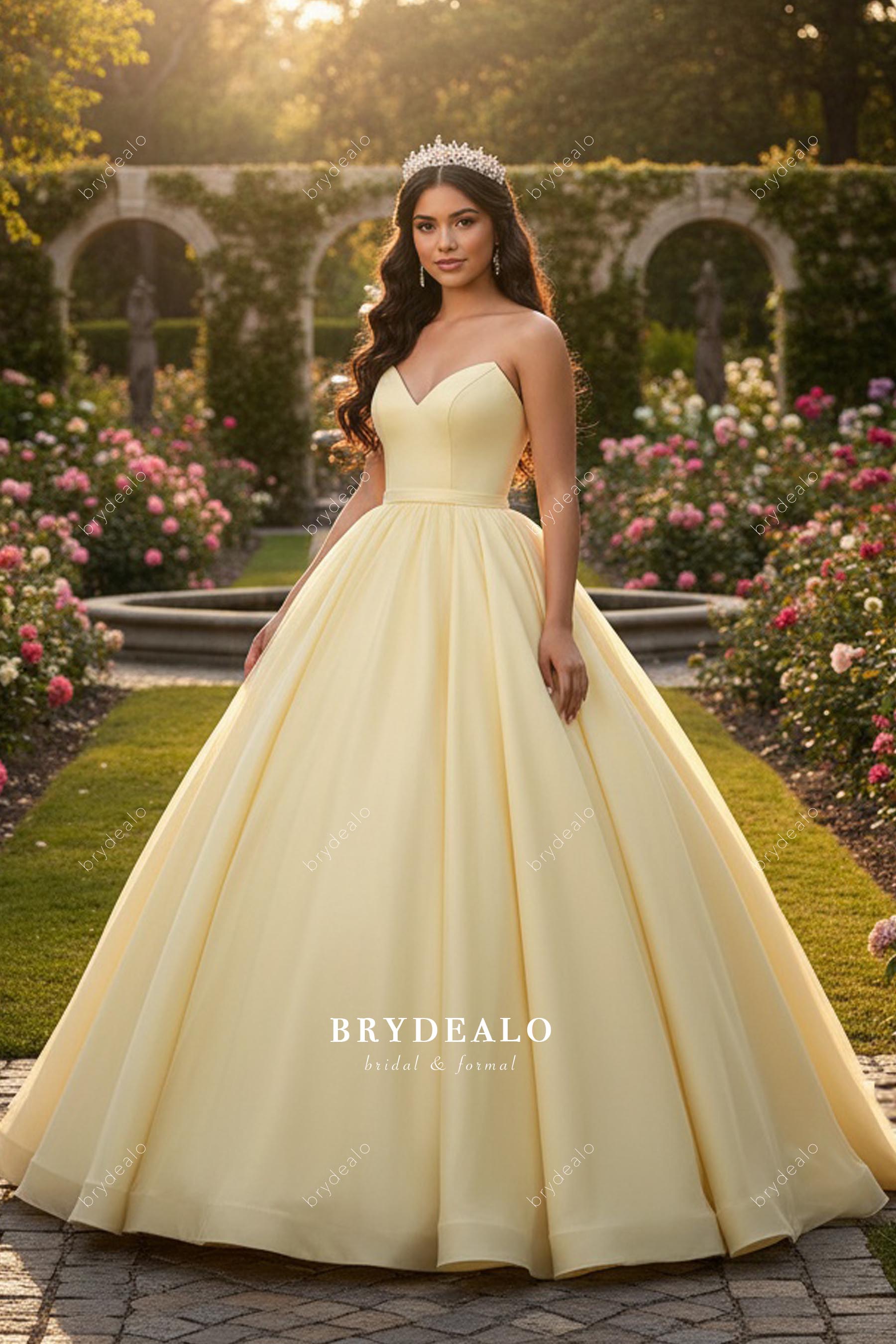 yellow strapless Quinceanera ballgown