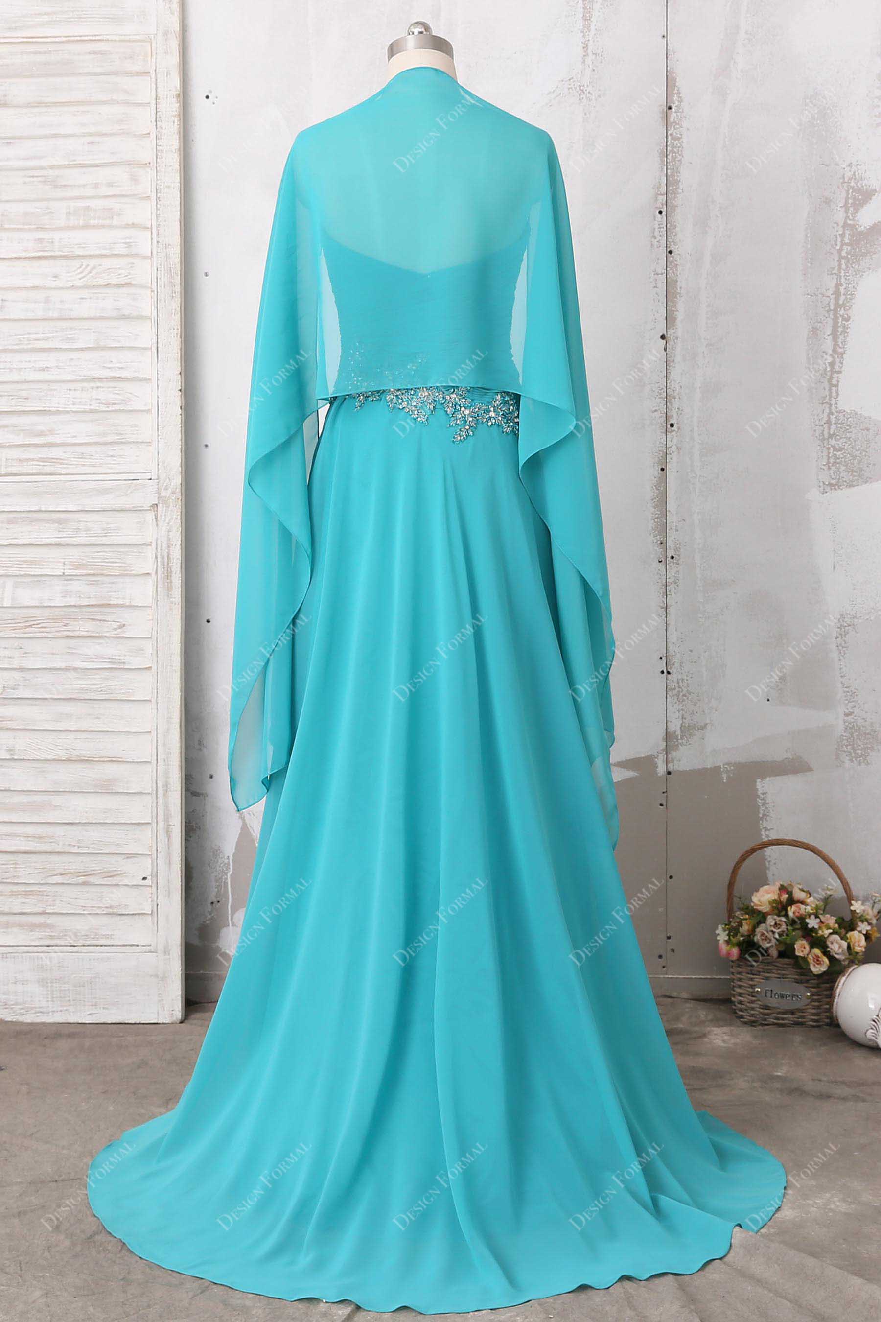 A-line sleeveless bridesmaid dress aqua chiffon cape