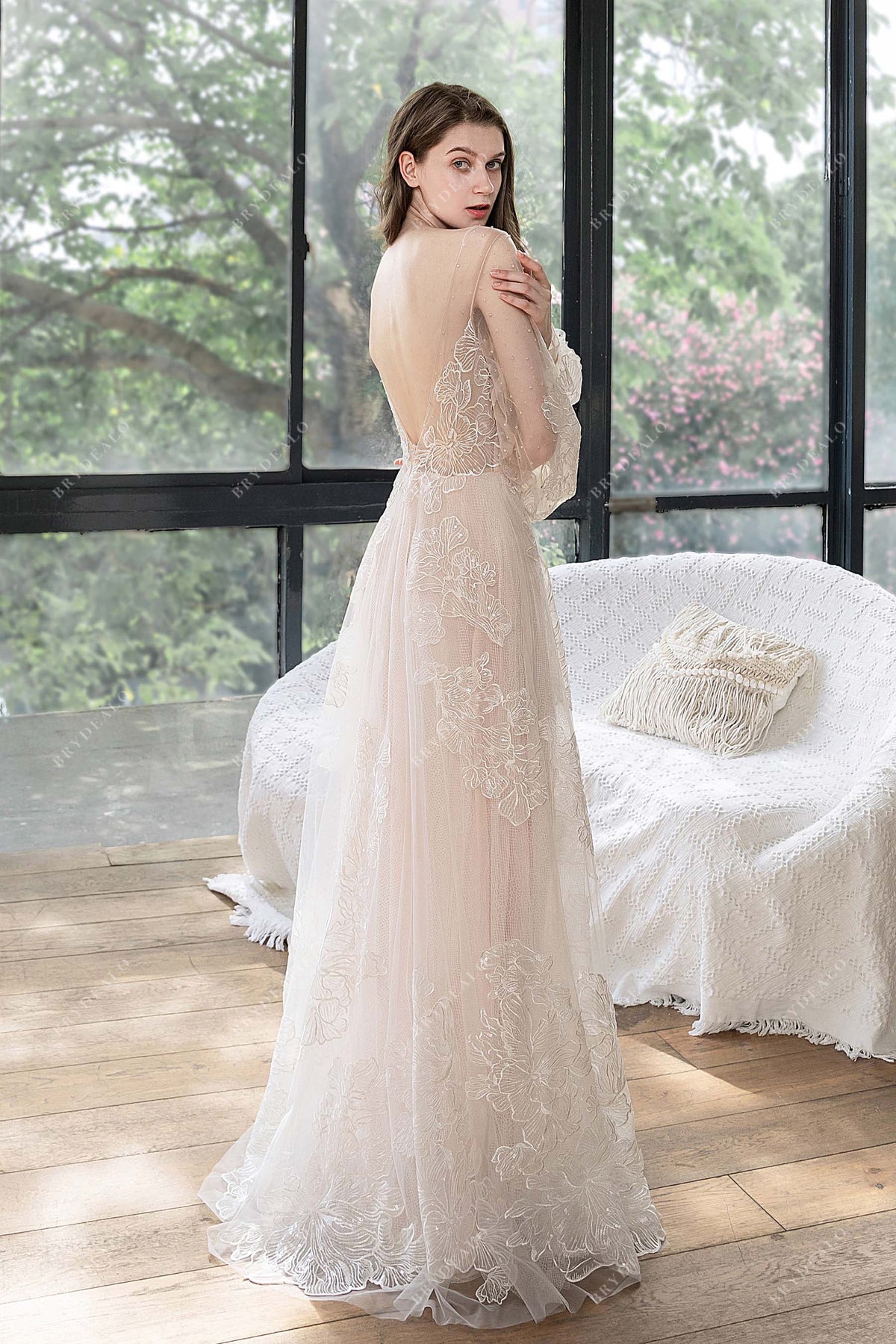 Plunging Beaded Lace Puffy A-line Wedding Dress