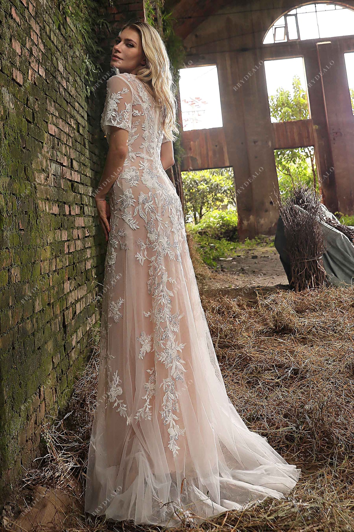 Romantic Destination Bridal Gown: Floral Beaded Lace, Dusty Rose Slip –  Brydealo