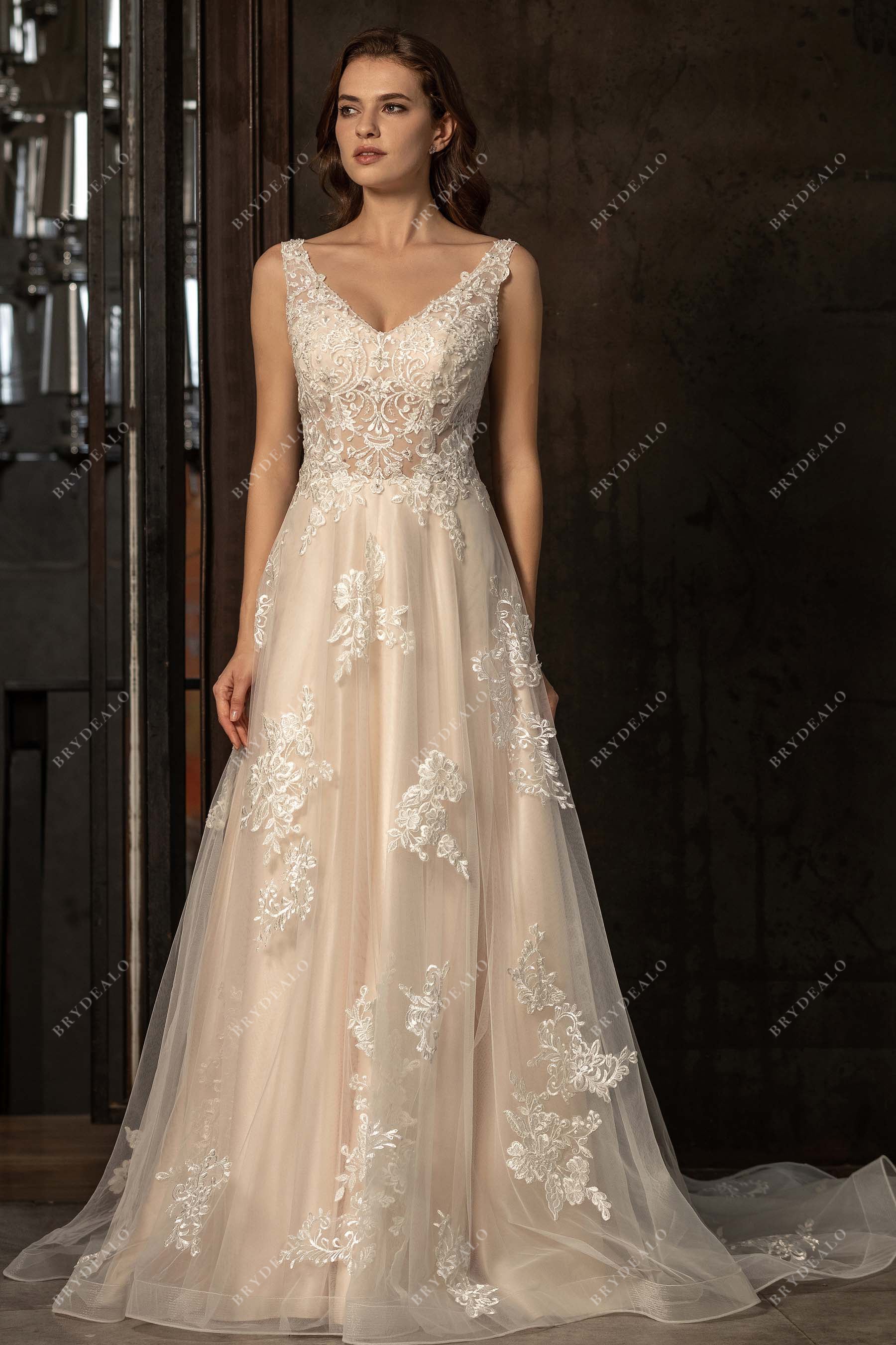 beaded straps V-neck lace A-line wedding dress