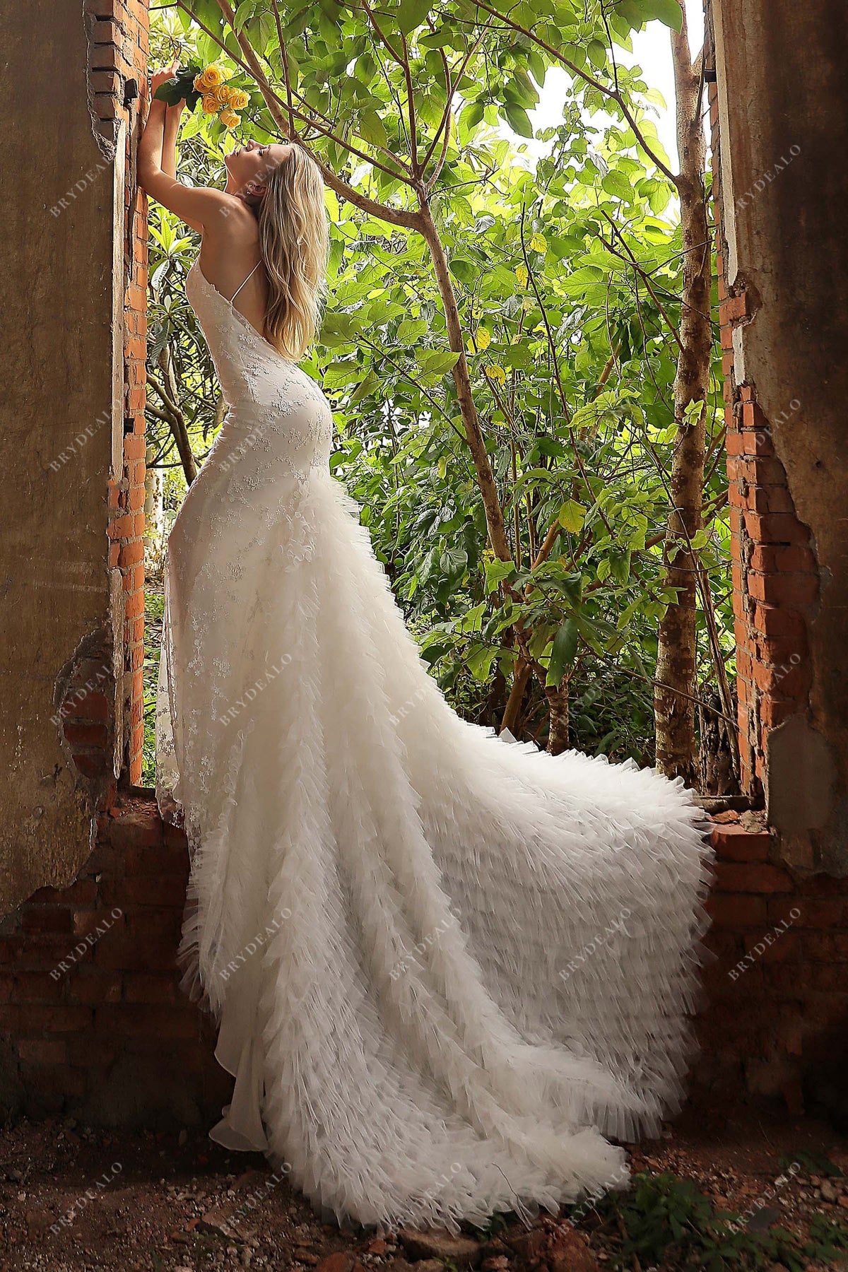 open lace back dress Designer Ruffled Mermaid Wedding Dress: Floral Lace, Tulle, Crisscross Back  – Brydealo