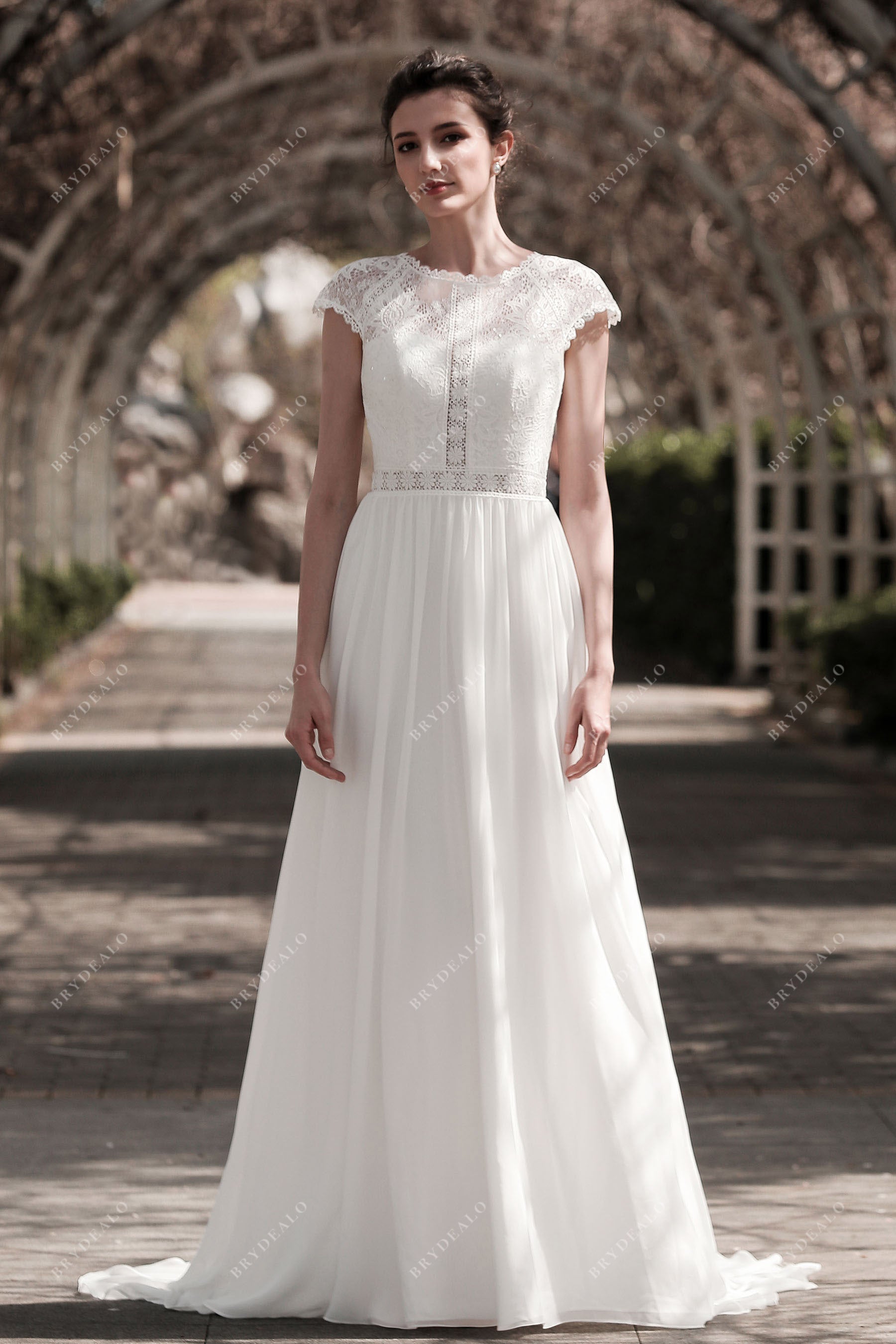 Boho Lace Boat Neck Chiffon Bridal Dress