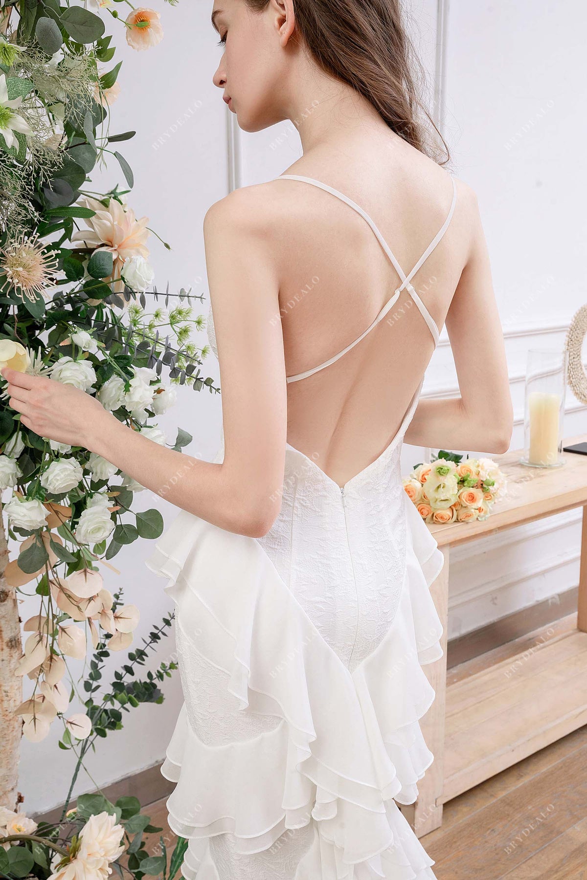 Mellower Sheath Wedding Dress with Tiered Ruffles & Criss-Cross Back – Brydealo