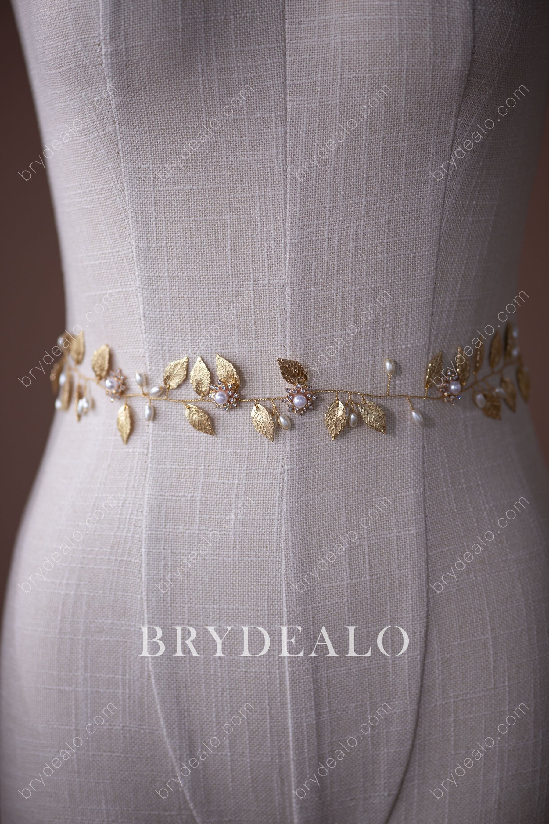 Champagne Delicate Alloy Gold Leaf Pearl Bridal Sash