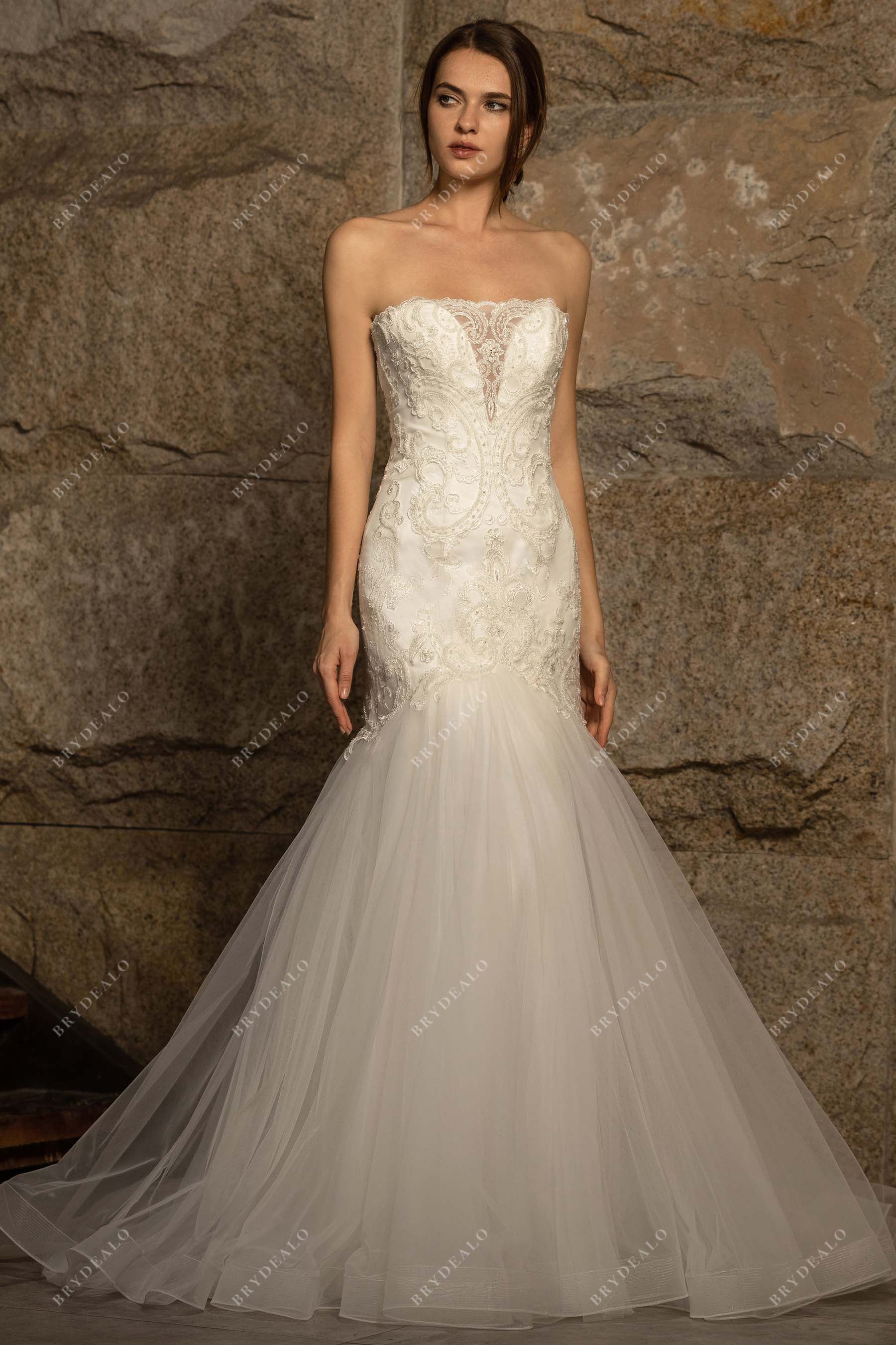Designer beaded lace tulle strapless trumpet bridal dress