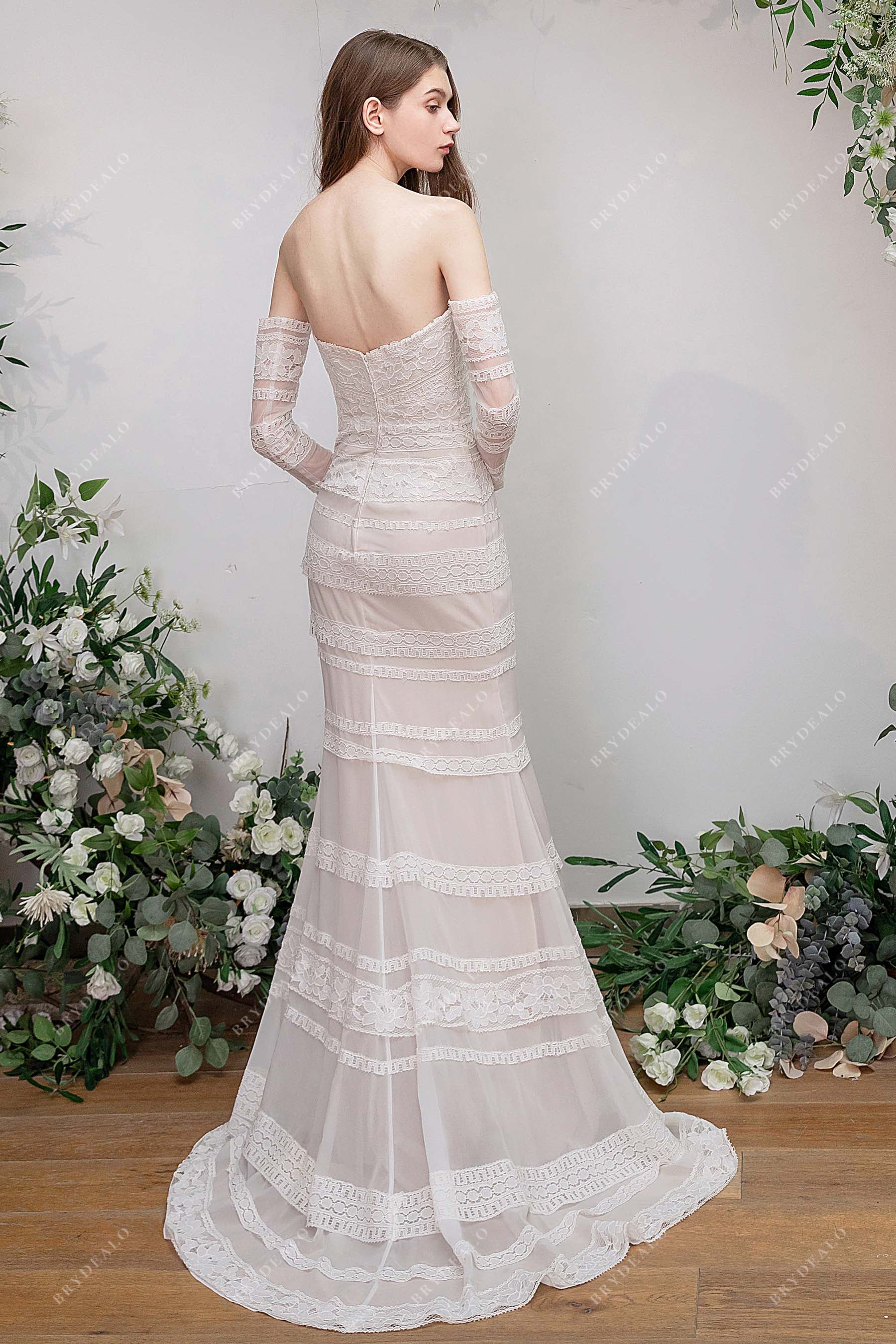 sweep train fit and flare off-shoulder lace bridal dress