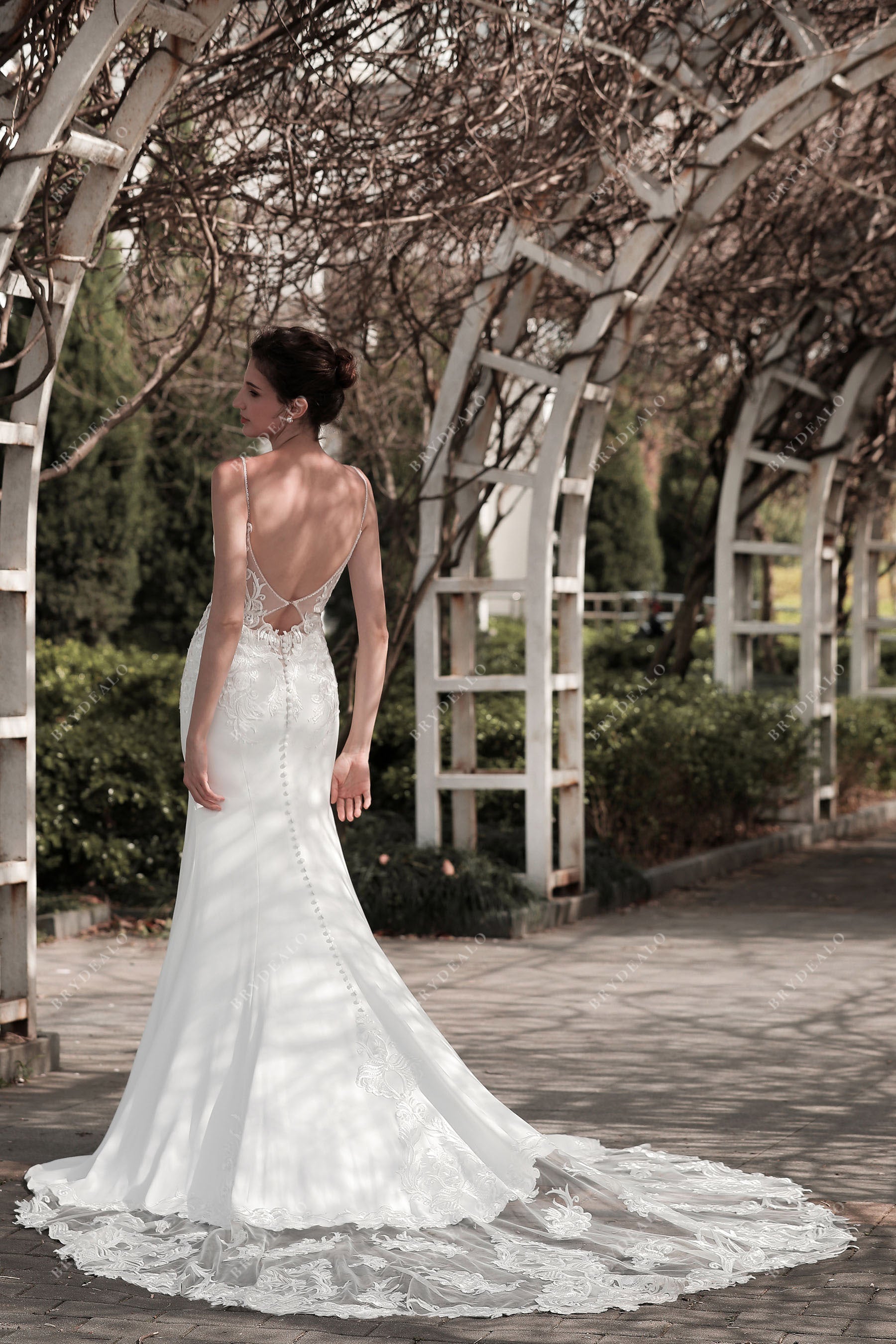 keyhole back illusion cutout train bridal dress
