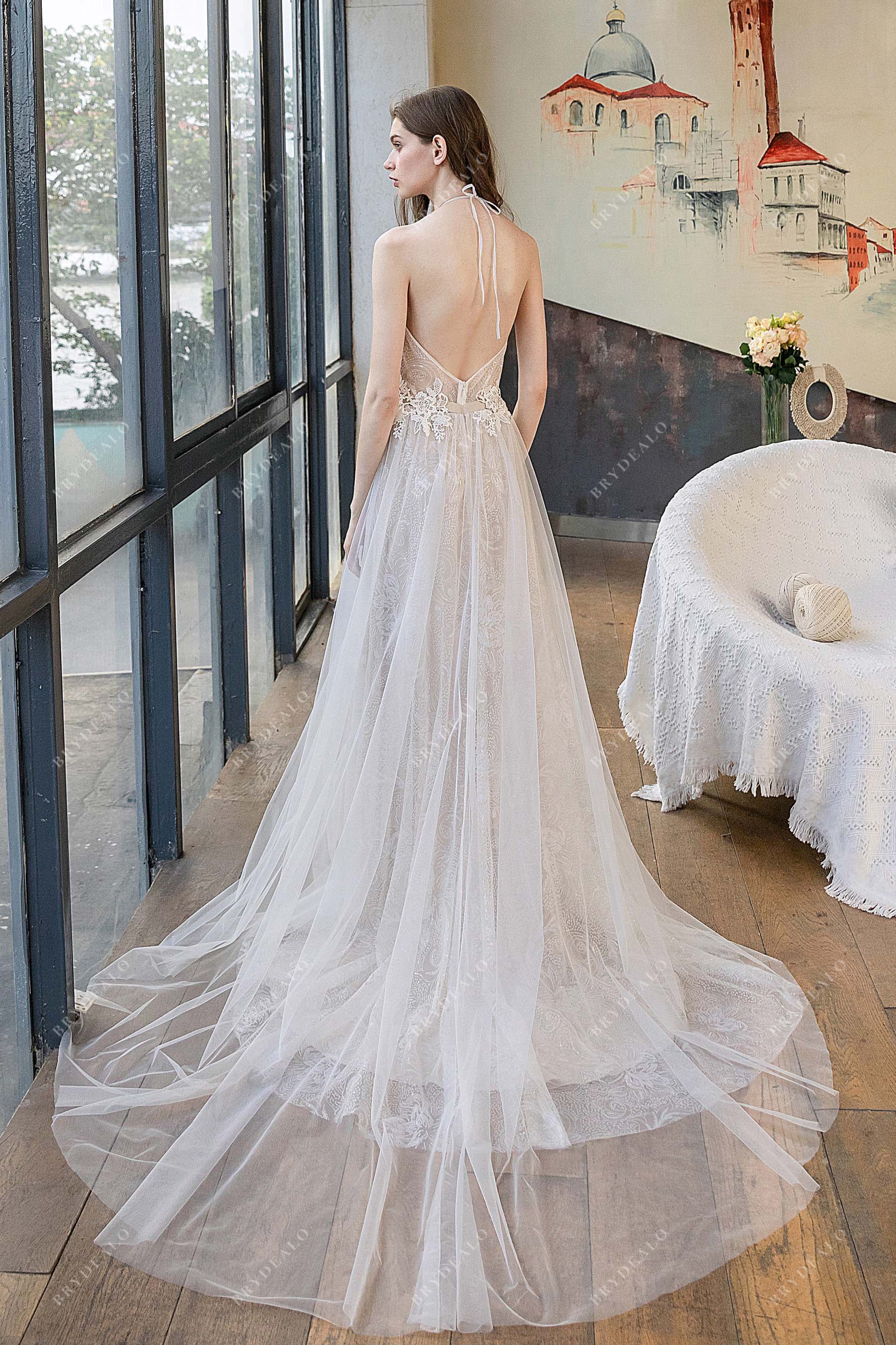 Long Chapel Train A-line Tulle Nude Beach Wedding Dress