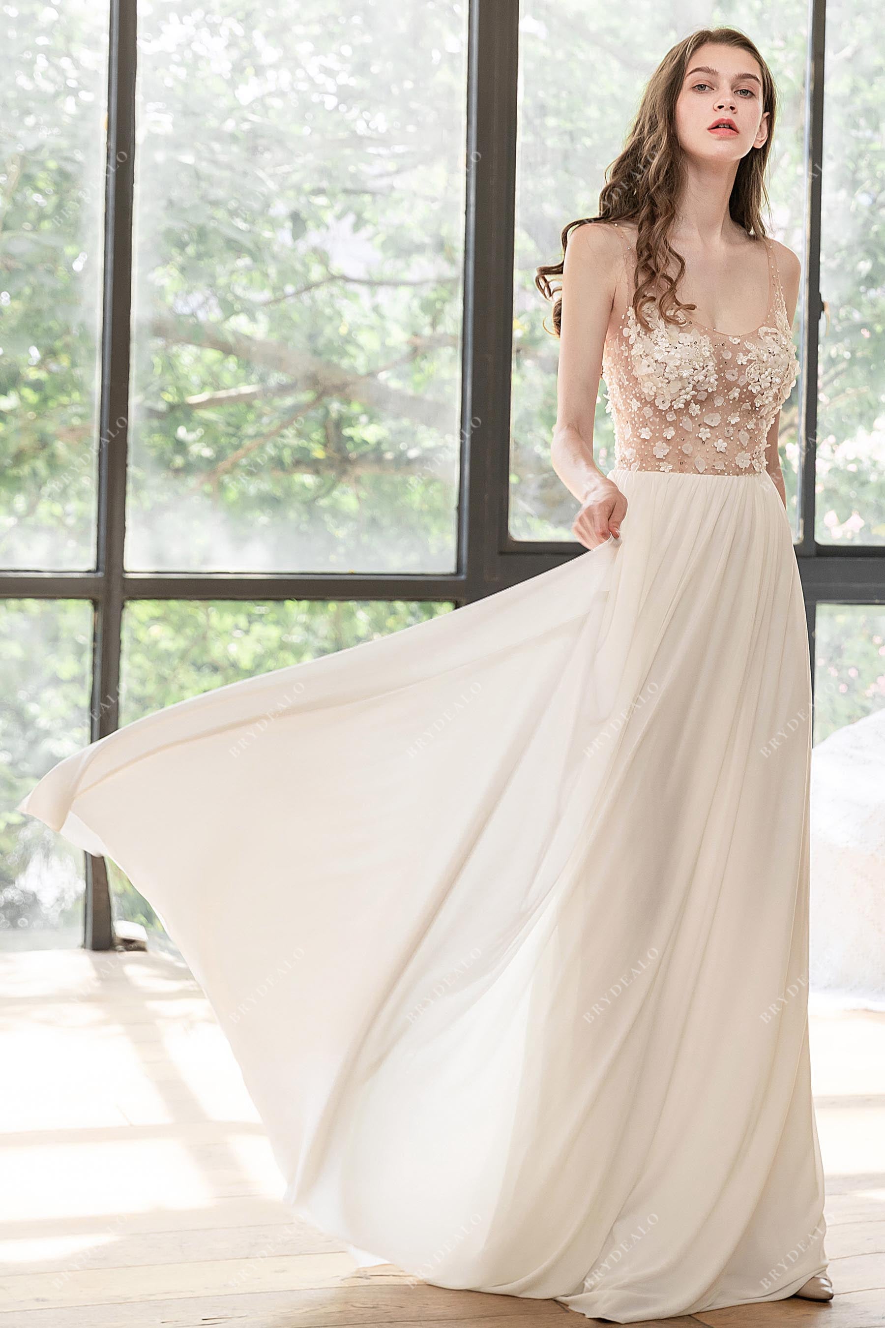 Boho Illusion Blooming Slim Chiffon Wedding Dress