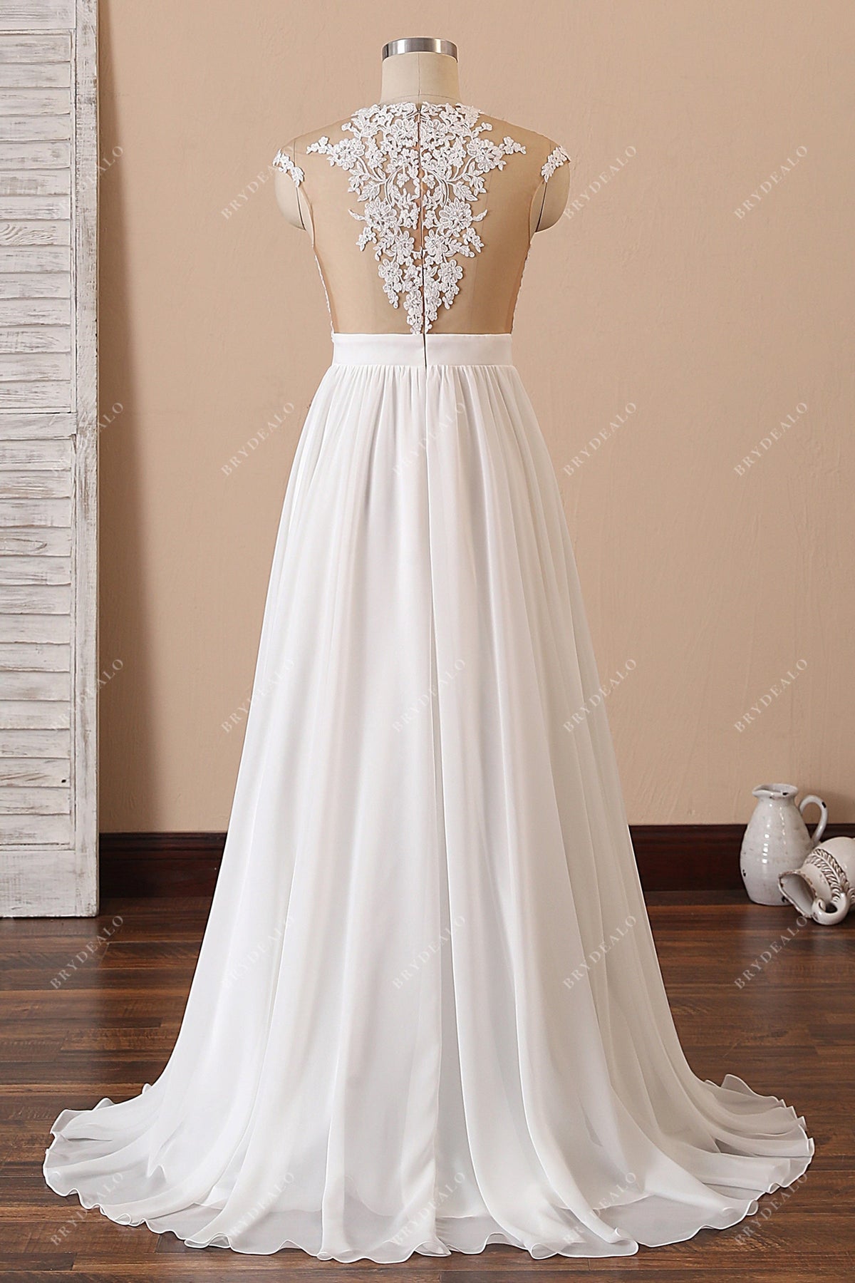 lace illusion back chiffon wedding dress Flower Spring Beach Size:38W X 30L Leather Cabinet Handle | chiffon skirt Swatch:#d64549