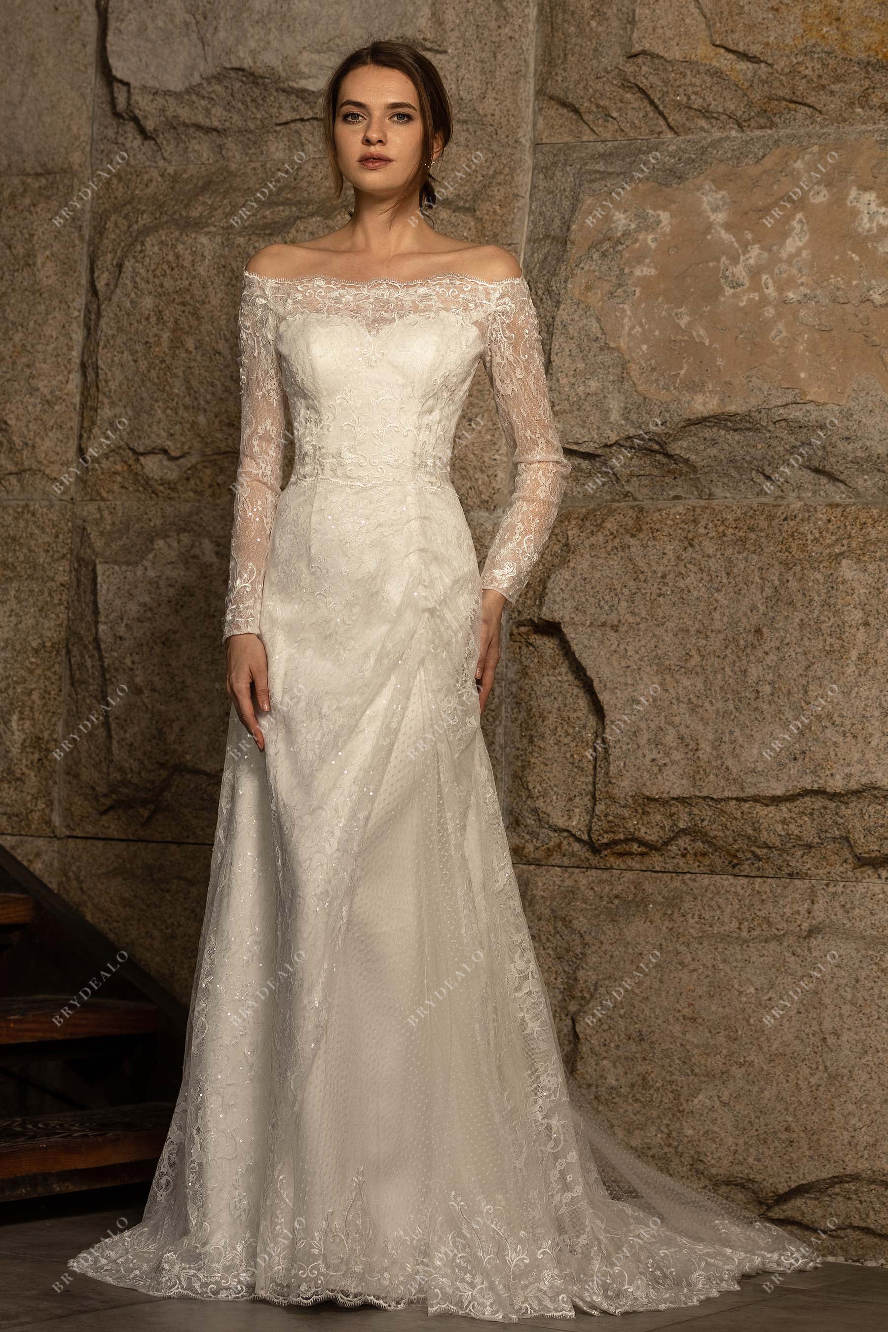 Off Shoulder Sheer Sleeve Designer Lace Mermaid  Wedding Dress