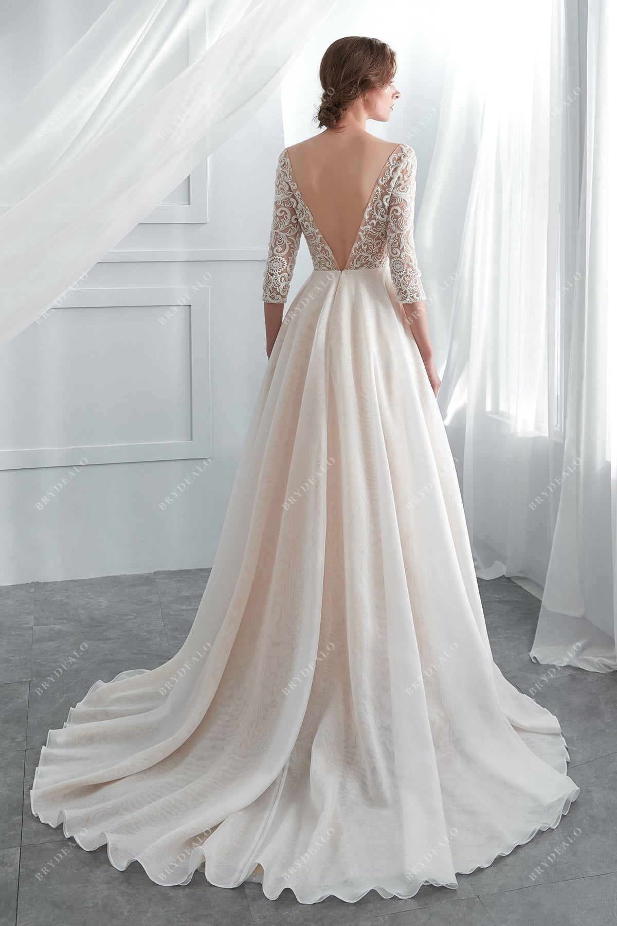 Luxury Champagne Wedding Dress with Geometric Beaded Lace – Brydealo