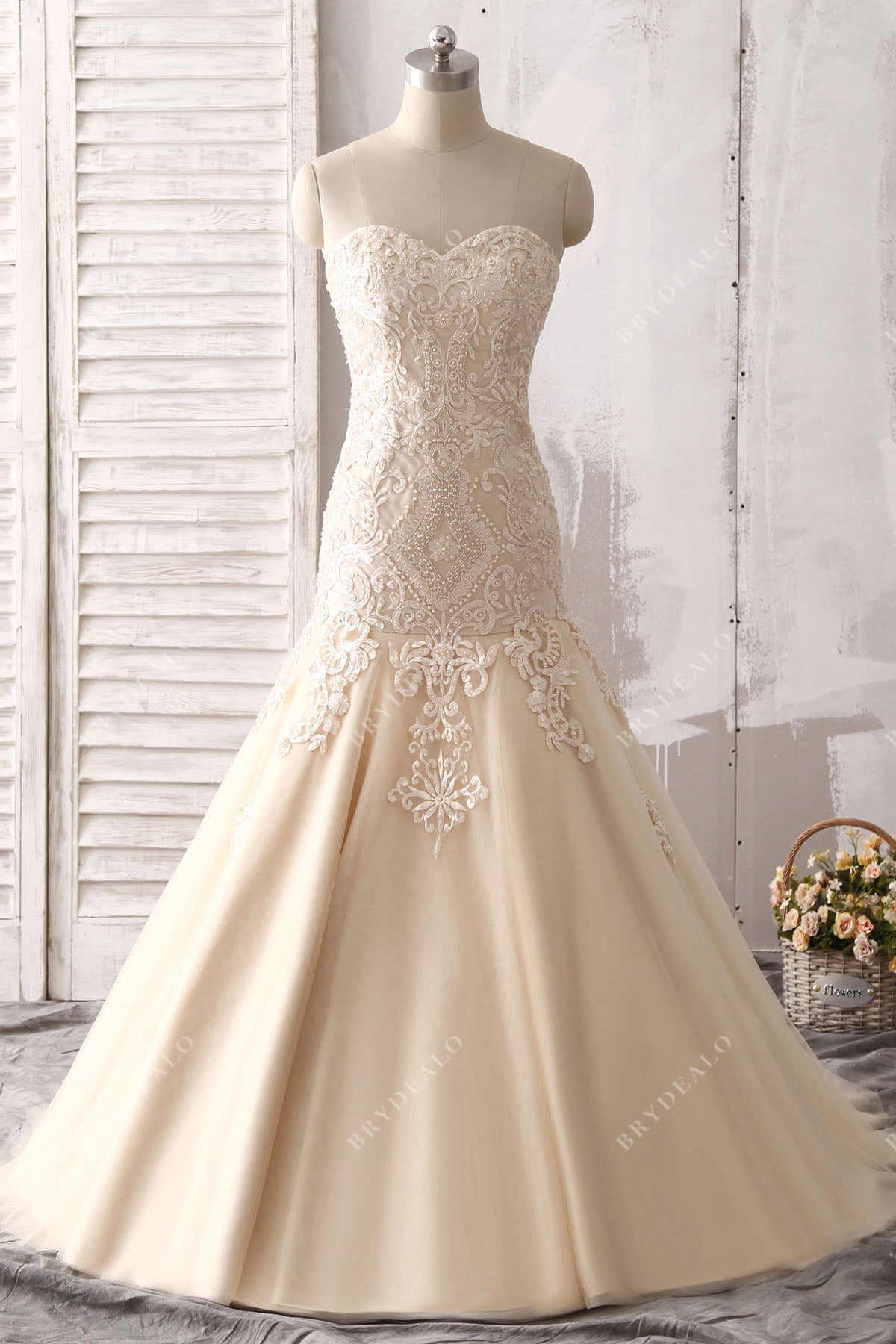 Beaded Champagne Strapless Trumpet Wedding Dress