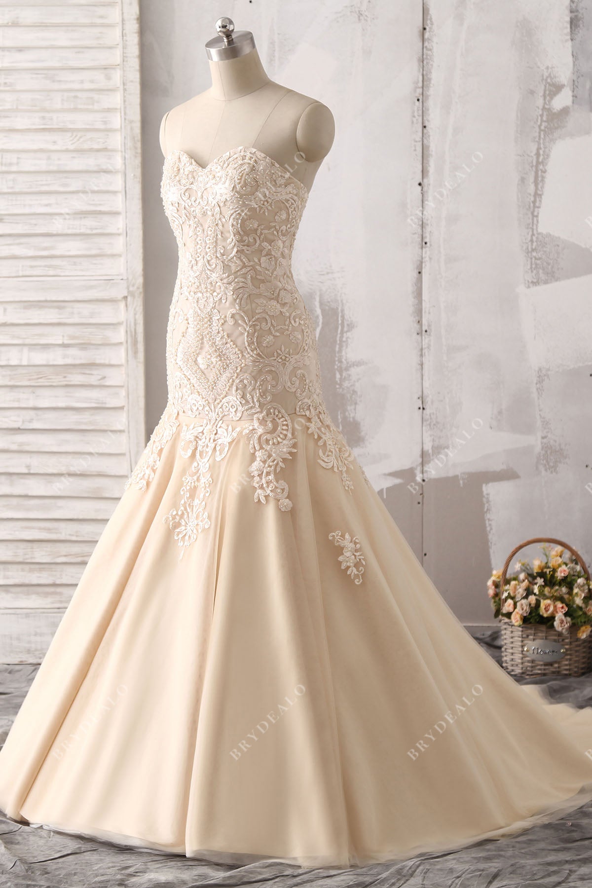 champagne trumpet dress Champagne Gold Sequin Tulle Godet Trumpet Gown for Women
