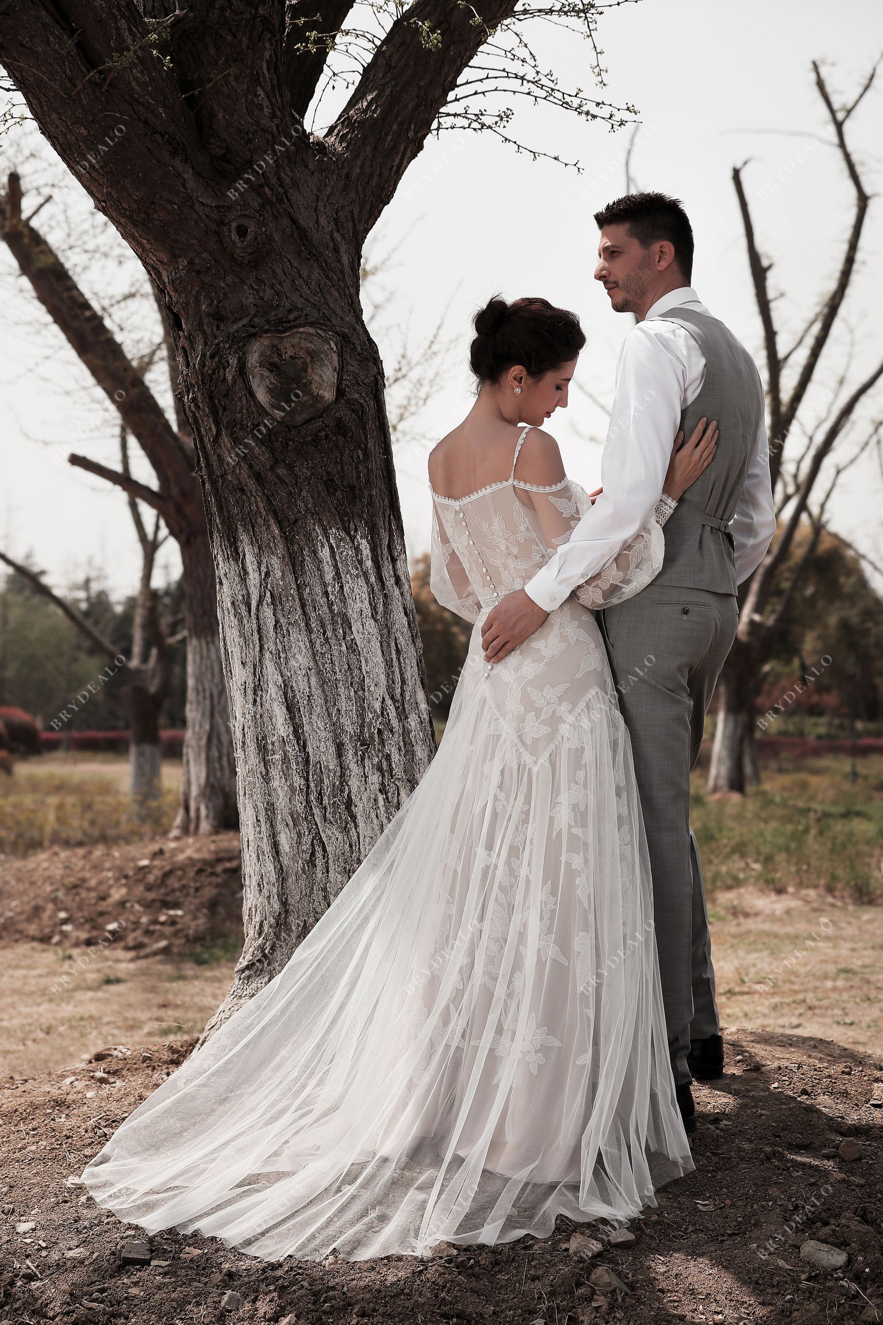 cold shoulder boho fit and flare bridal gown