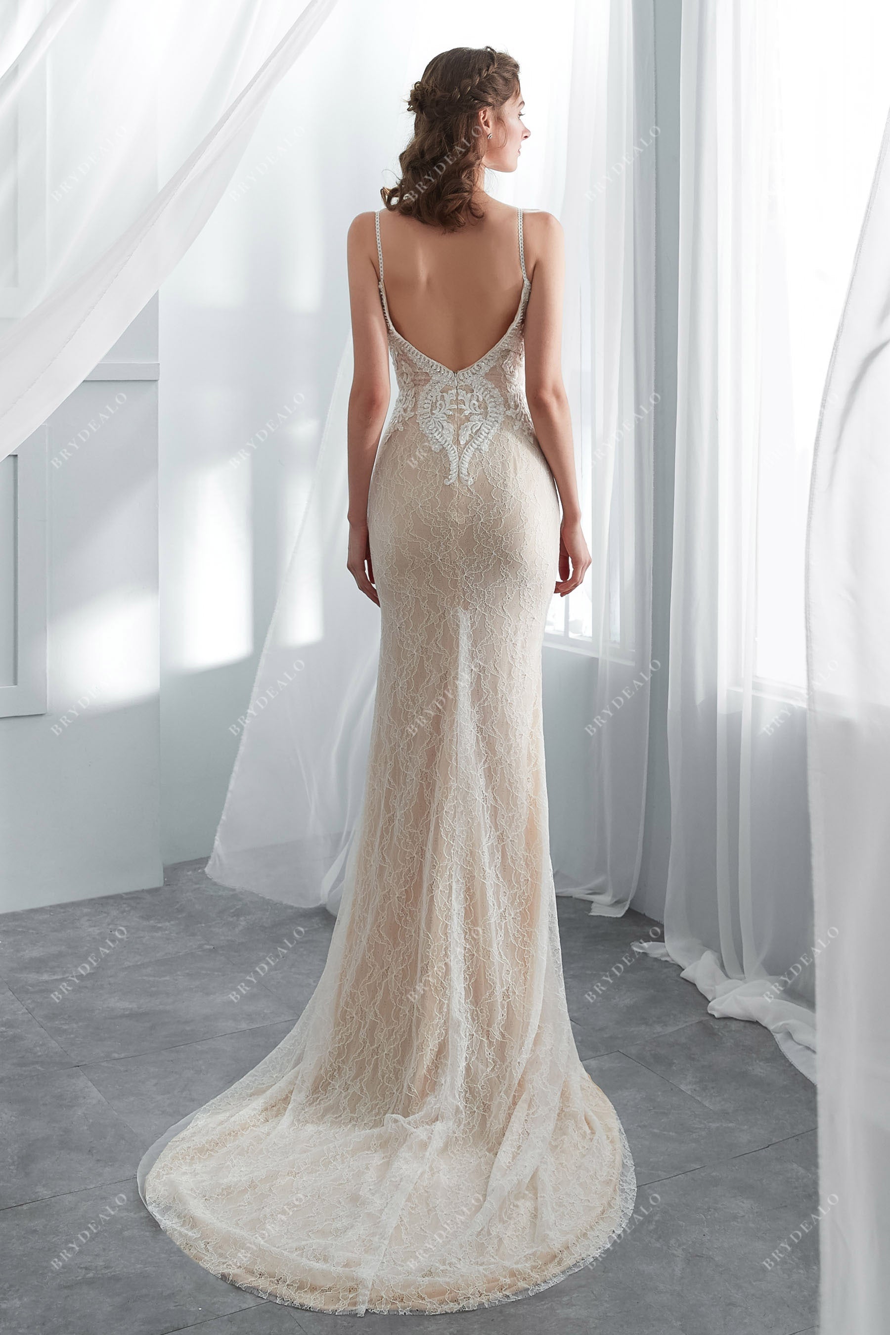 Beaded Lace Champagne Mermaid Boho Bridal Gown