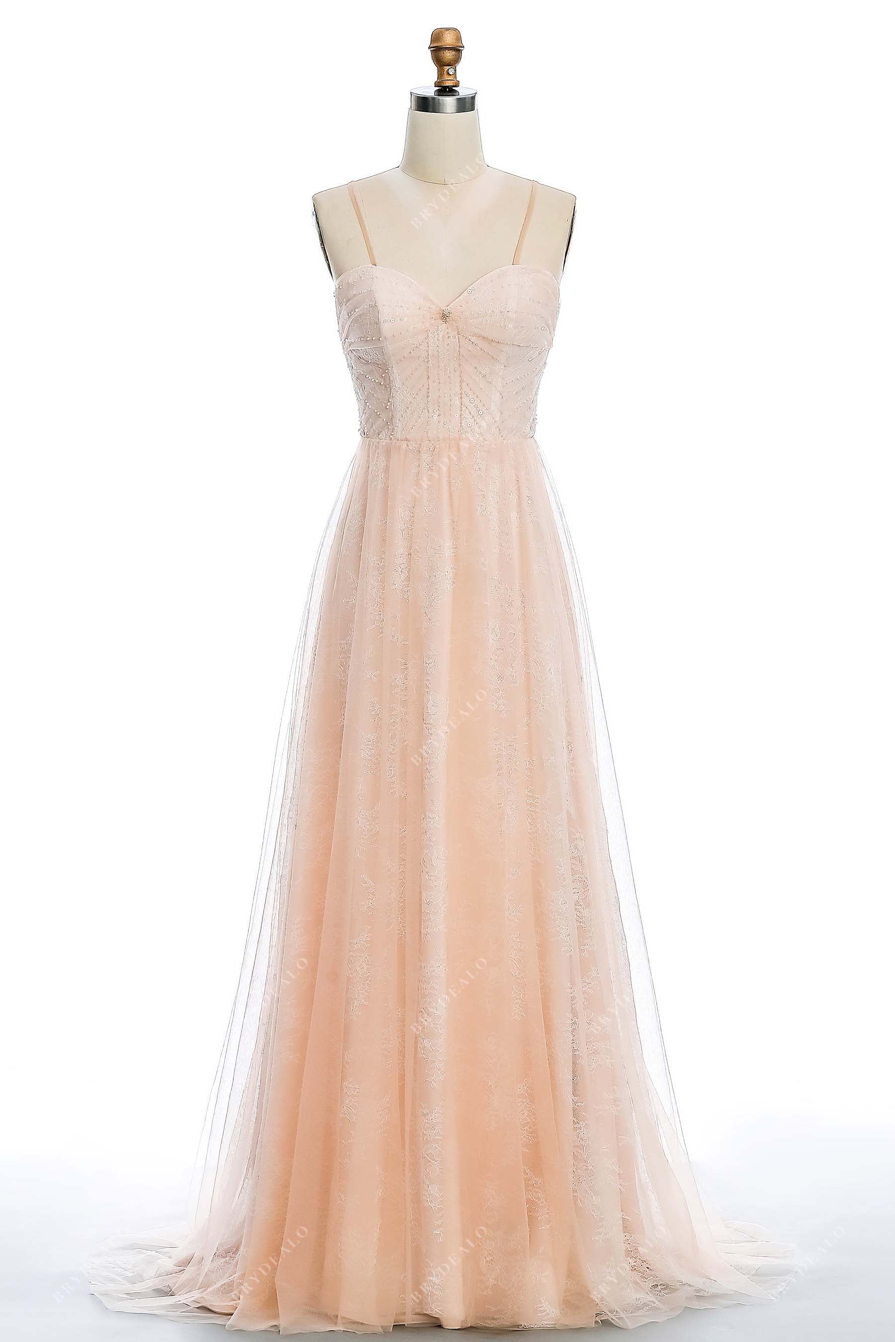spaghetti straps pearl pink beaded lace destination wedding dress