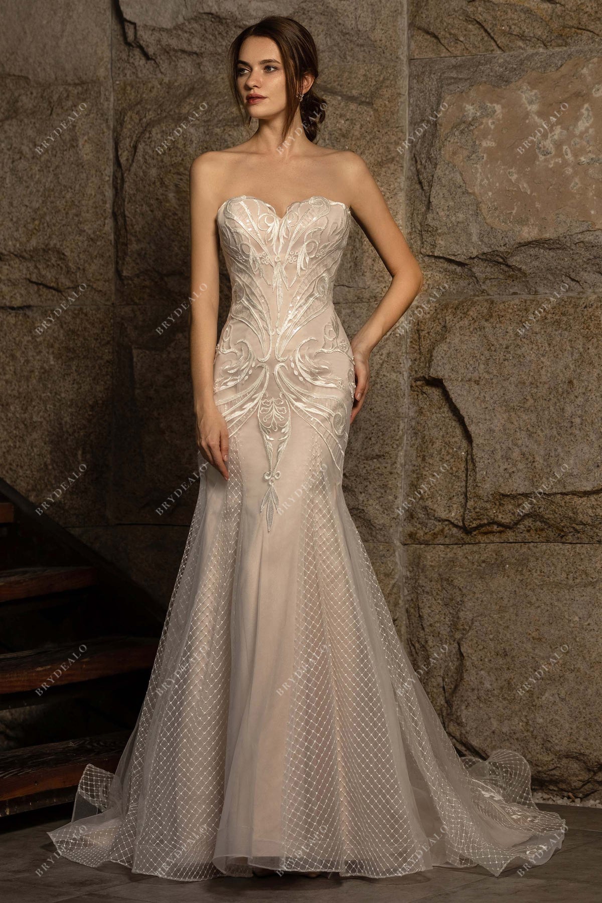Designer Lace Nude Mermaid Wedding Dress: Strapless, Sweetheart, Chapel Train Brydealo Designer Lace Nude Mermaid Wedding Dress: Strapless, Sweetheart, Chapel Train Brydealo
