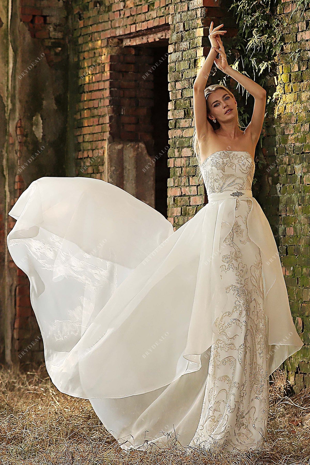 Ivory Beaded Wedding Dress with Detachable Overskirt Brydealo Ivory Beaded Wedding Dress with Detachable Overskirt Brydealo