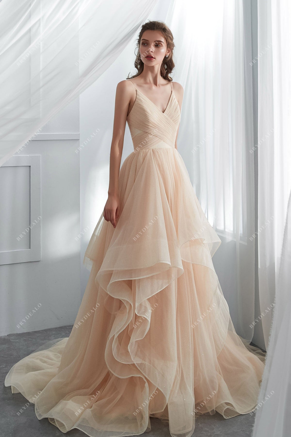 Champagne Shimmer V-neck Ruffled Tulle Wedding Gown | Brydealo Champagne Shimmer V-neck Ruffled Tulle Wedding Gown | Brydealo