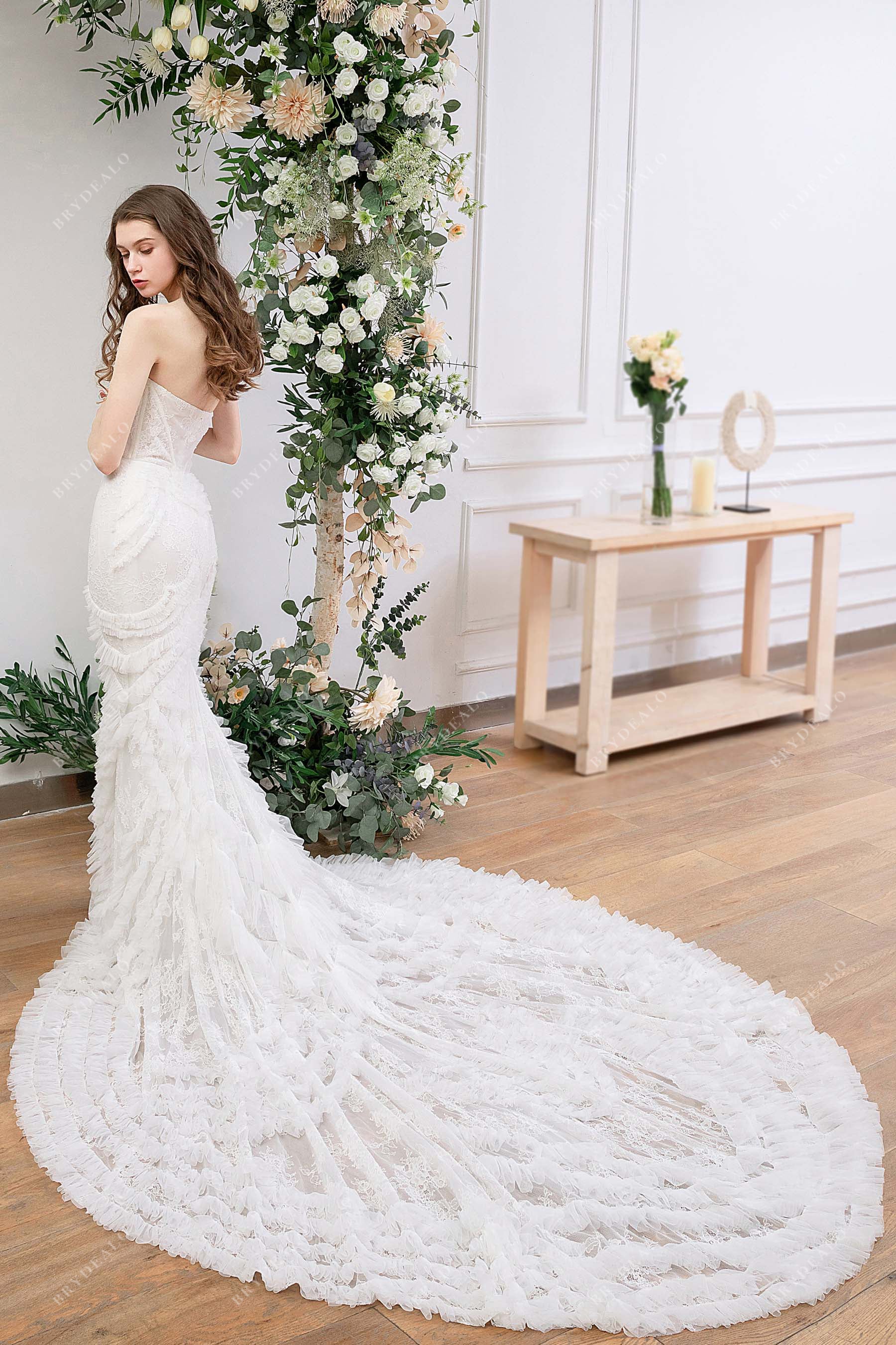 Ruffled Tulle Long Train Mermaid Fall Wedding Dress