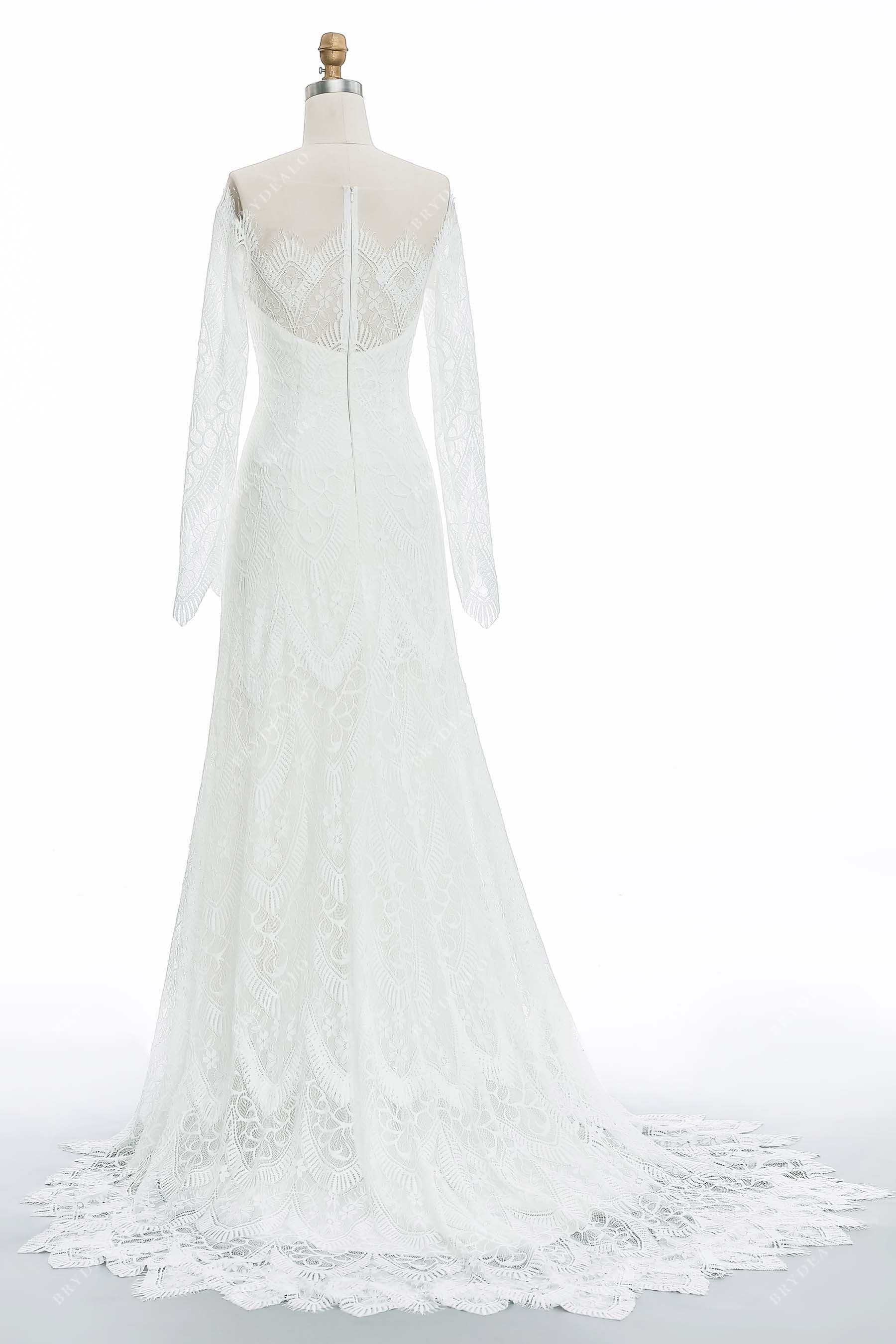 illusion neck long sleeves scalloped lace A-line bridal dress